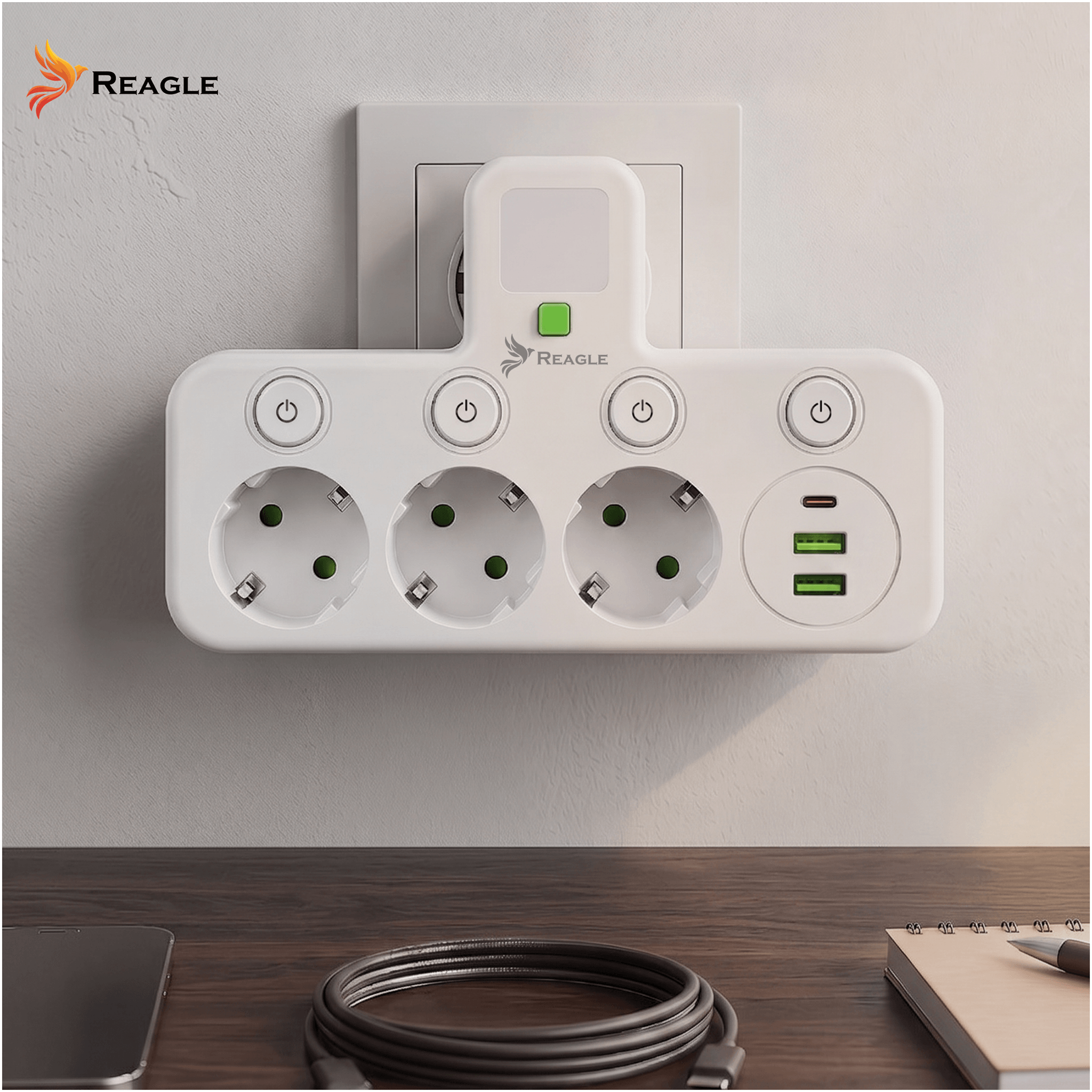 Regleta blanca Reagle con 4 enchufes y 2 puertos USB enchufada a la pared.