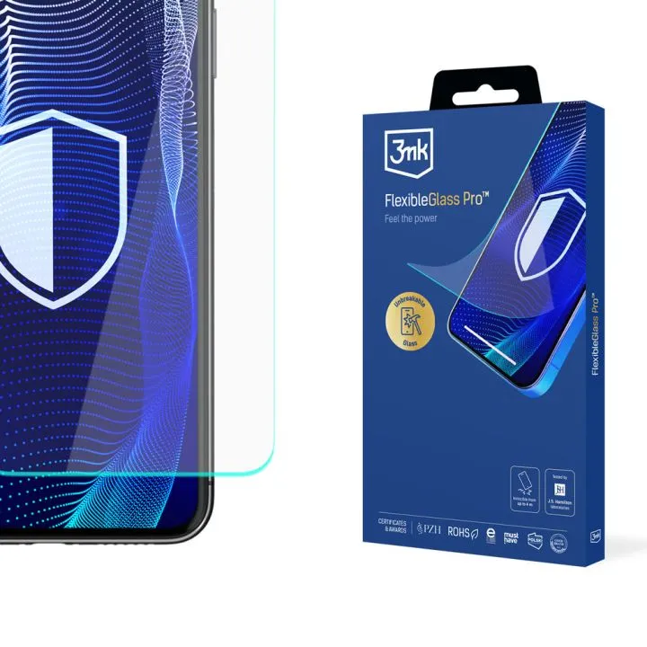 Niebieskie pudełko na 3mk FlexibleGlass Pro z grafiką ekranu telefonu.