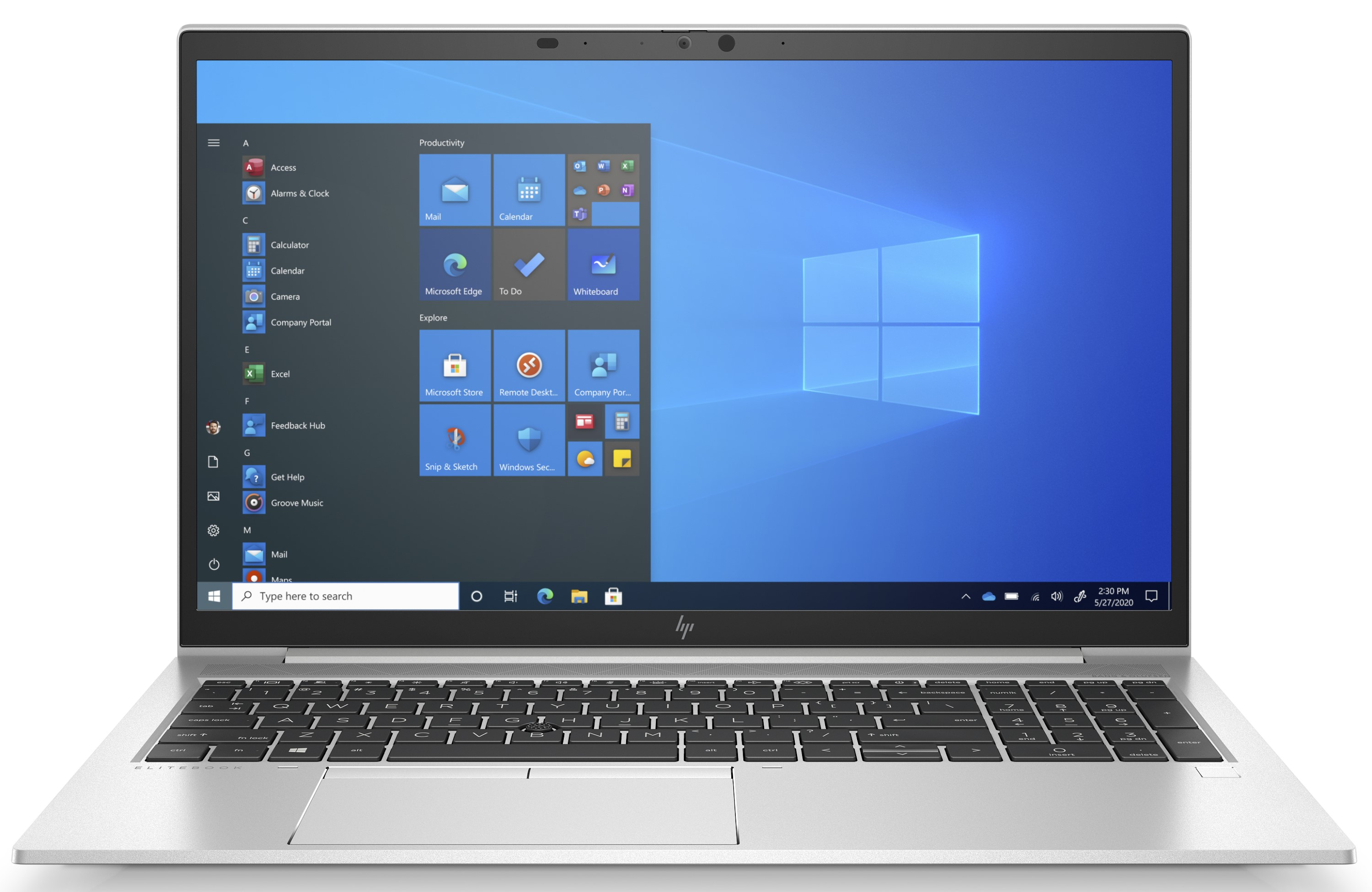 Ein silberner Laptop mit Windows-Startmenü und Tastatur, der auf einem weißen Hintergrund steht.