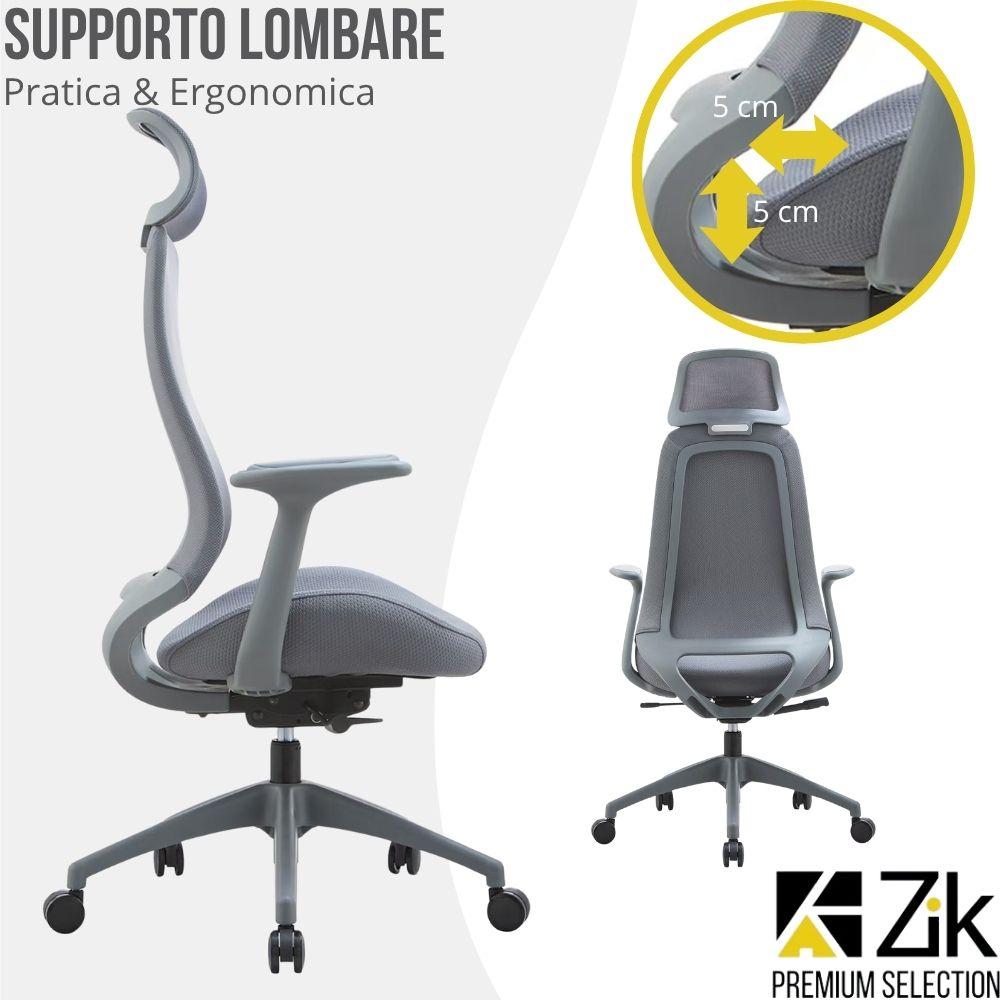 Sedia da ufficio grigia con schienale in rete, supporto lombare regolabile e poggiatesta.