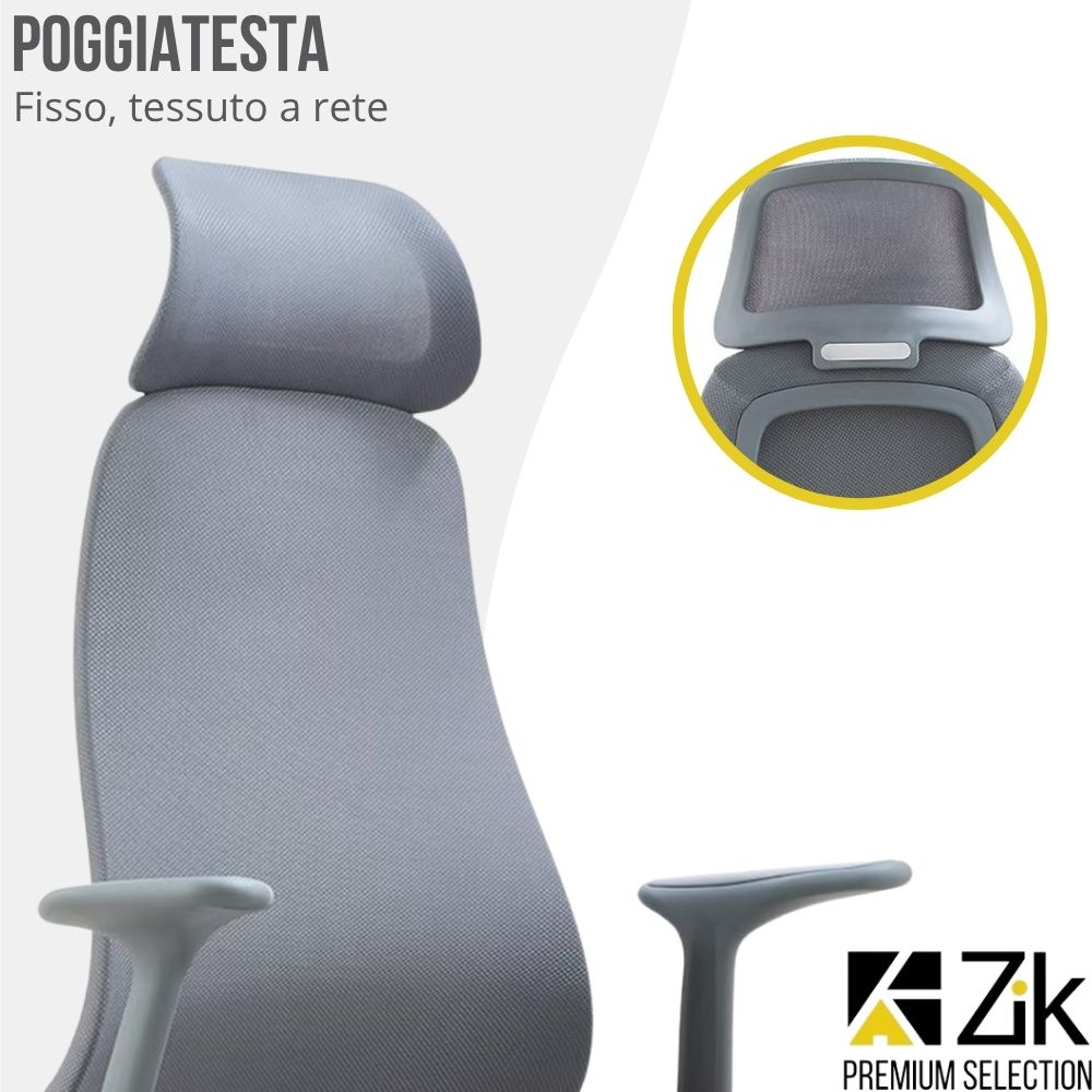 Sedia da ufficio grigia con schienale in rete e poggiatesta.