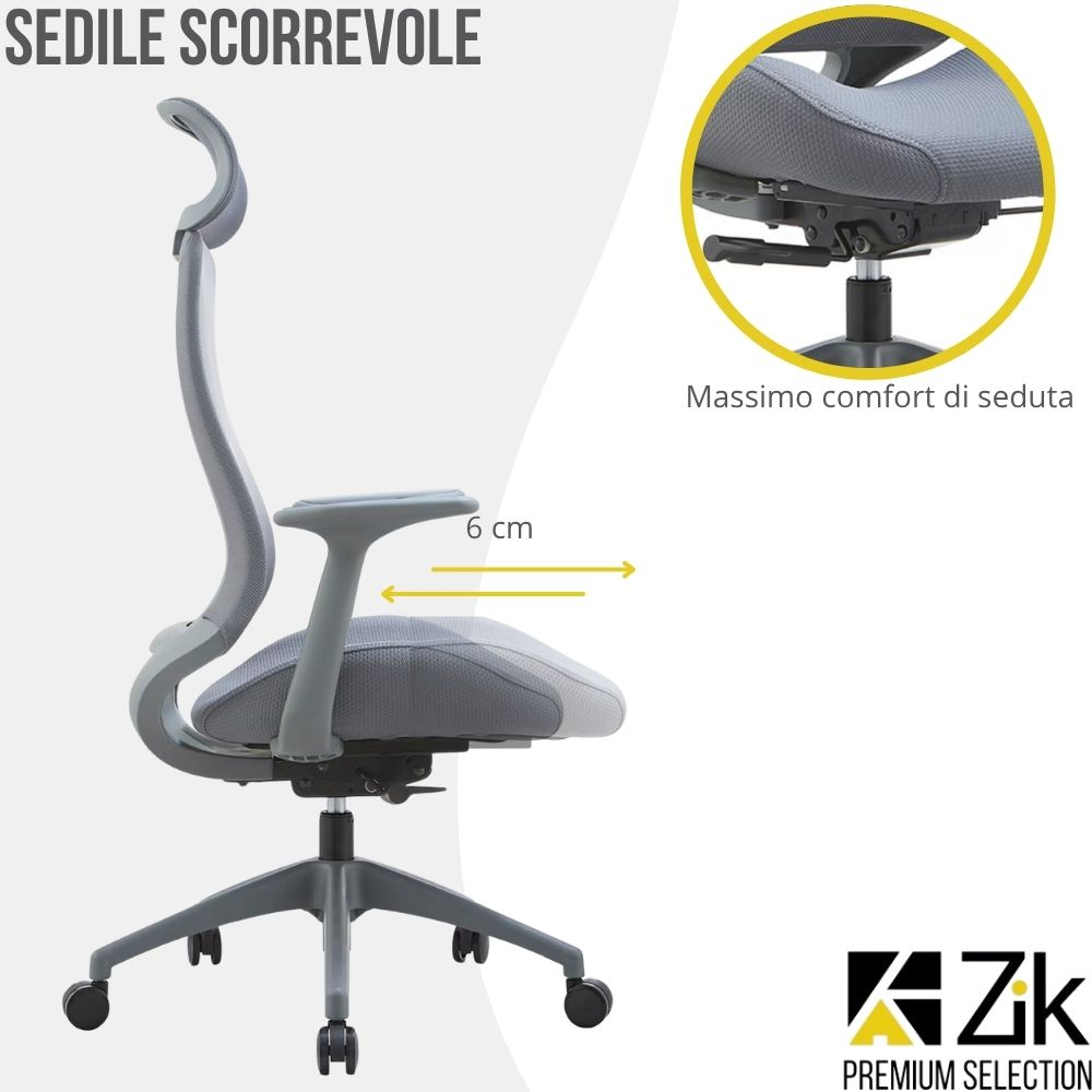 Sedia da ufficio grigia con sedile e braccioli regolabili. Regolazione 6 cm.