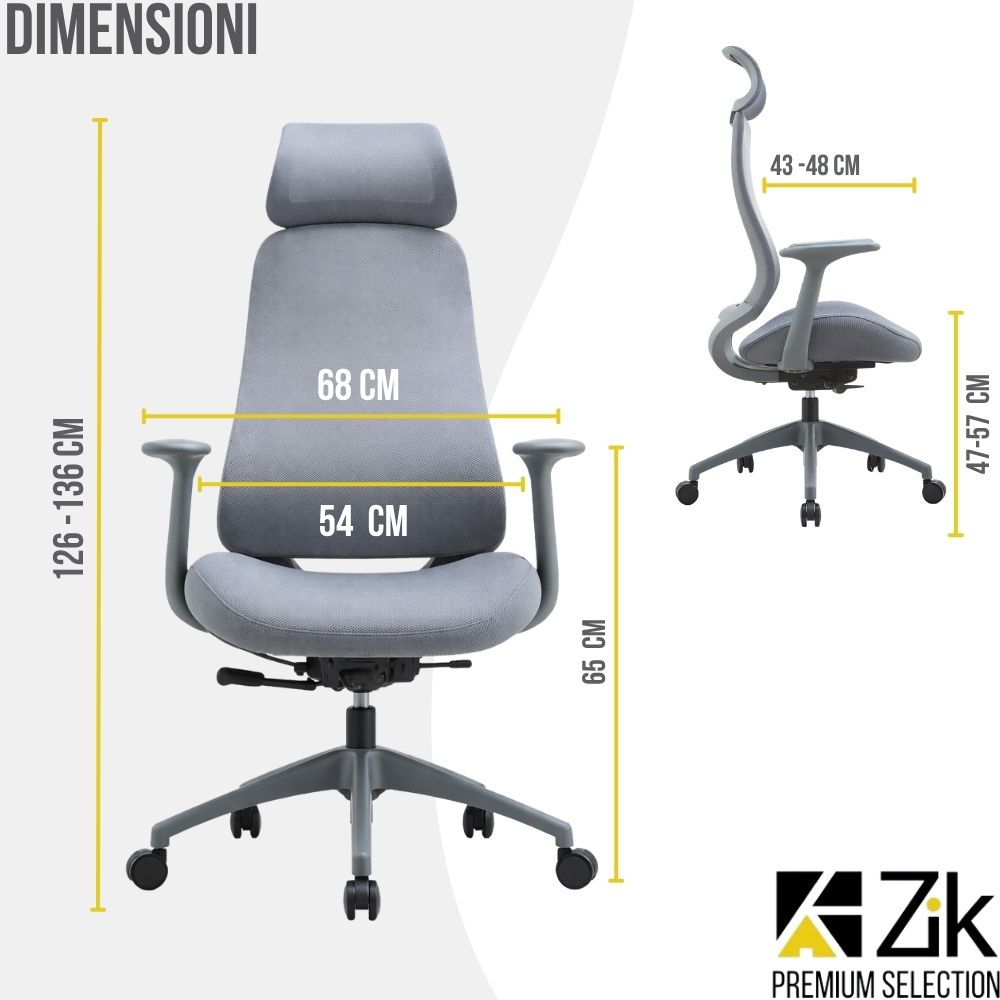 Sedia da ufficio grigia con dimensioni: altezza 126-136 cm, larghezza 68 cm, profondità seduta 54 cm.
