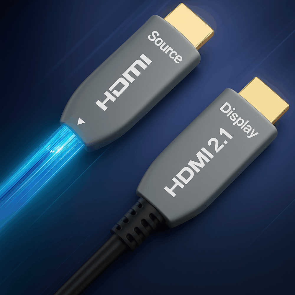 Zwei HDMI 2.1 Kabel mit goldenen Steckern auf blauem Hintergrund.