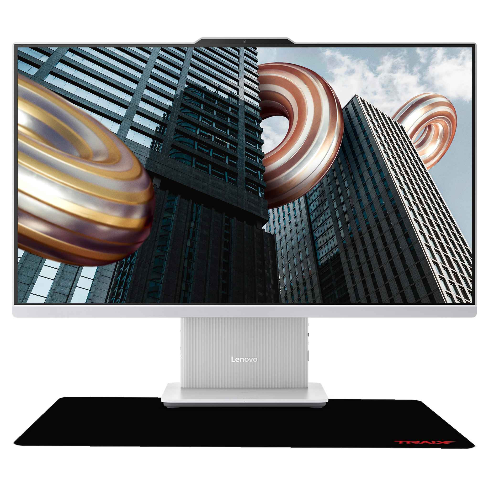 Gökdelenler ve halkalar gösteren monitör, beyaz stant üzerinde, siyah mousepad ile.