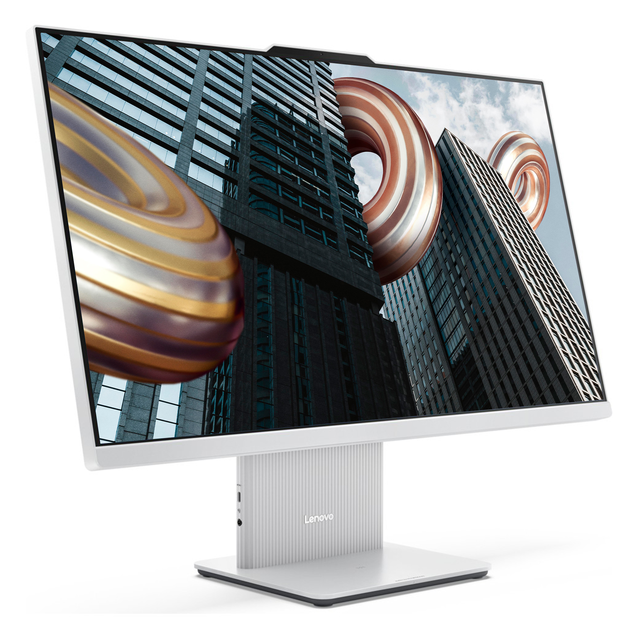 Modern Lenovo monitör, torus şekilleri ve gökdelenlerle soyut sanat sergiliyor.