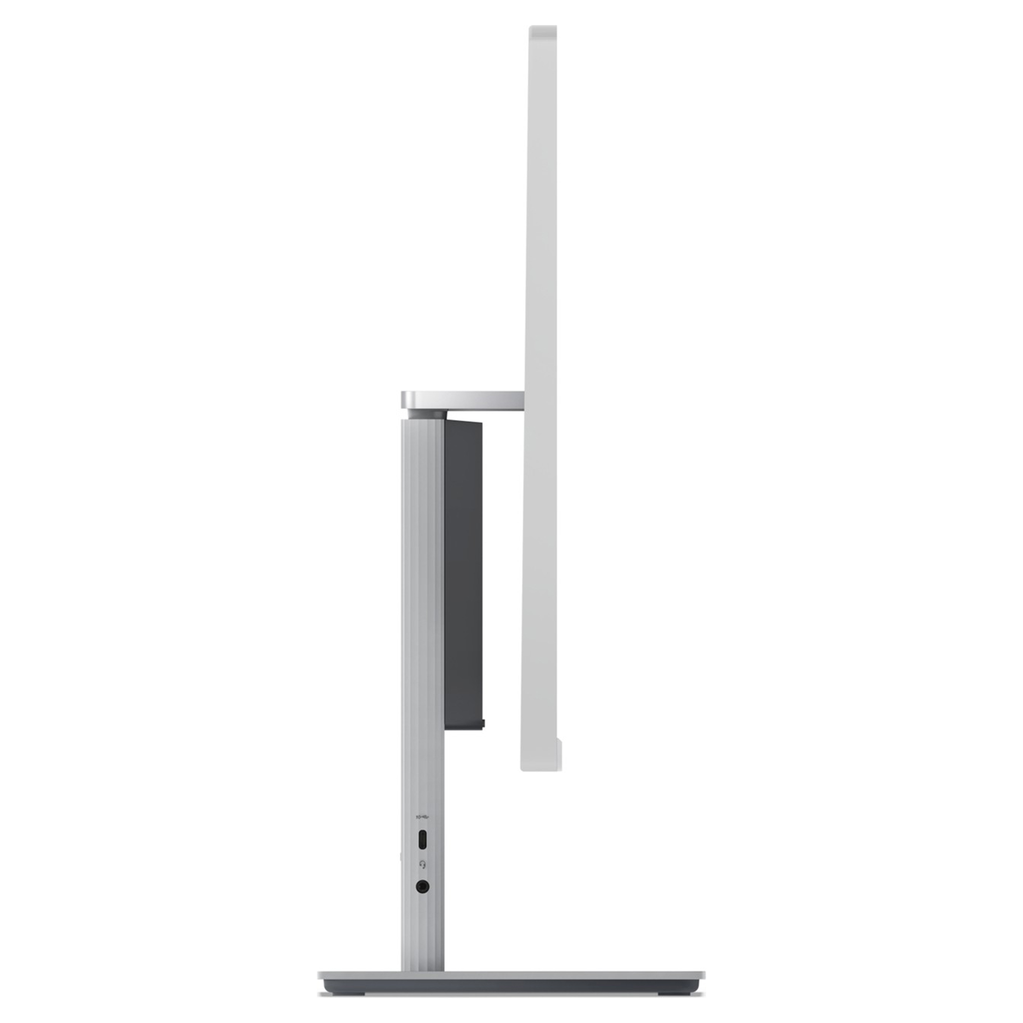 Yan bağlantı noktalarına sahip gri monitör standı, beyaz ekran tarafı.
