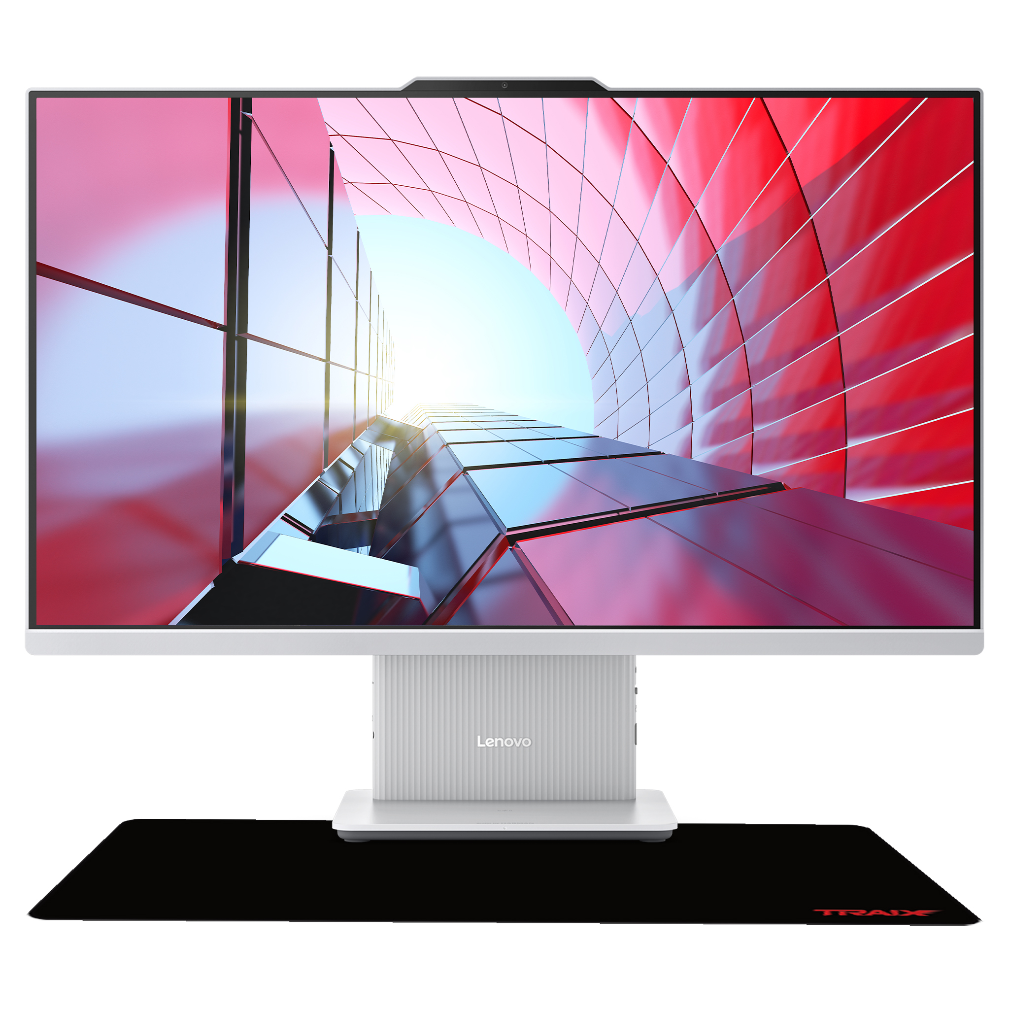 Ekranında kırmızı soyut tasarıma sahip beyaz Lenovo monitör, stant ve mousepad üzerinde.