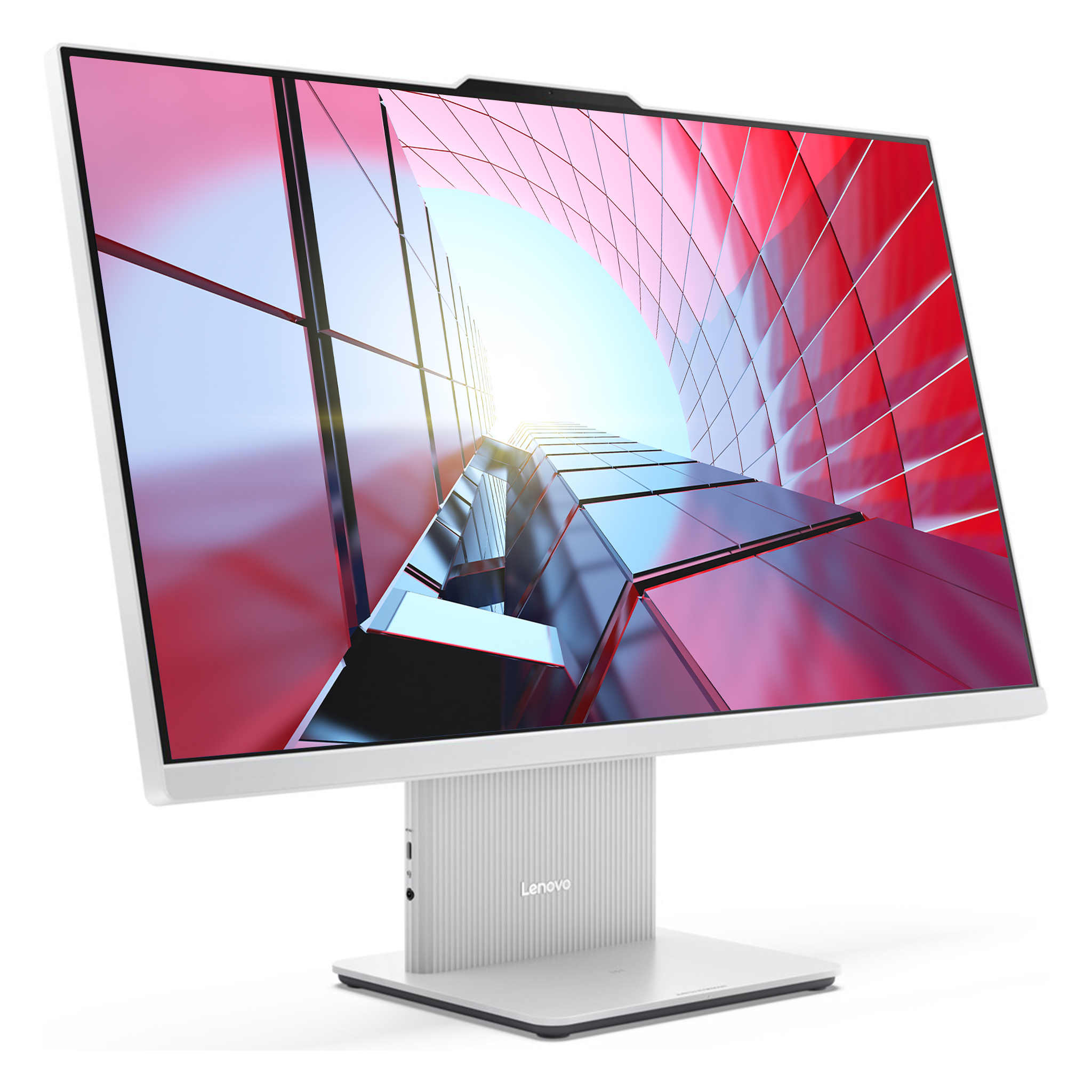 Beyaz bir Lenovo hepsi bir arada bilgisayar, ekranında kırmızı, geometrik bir cephe gösteriyor.