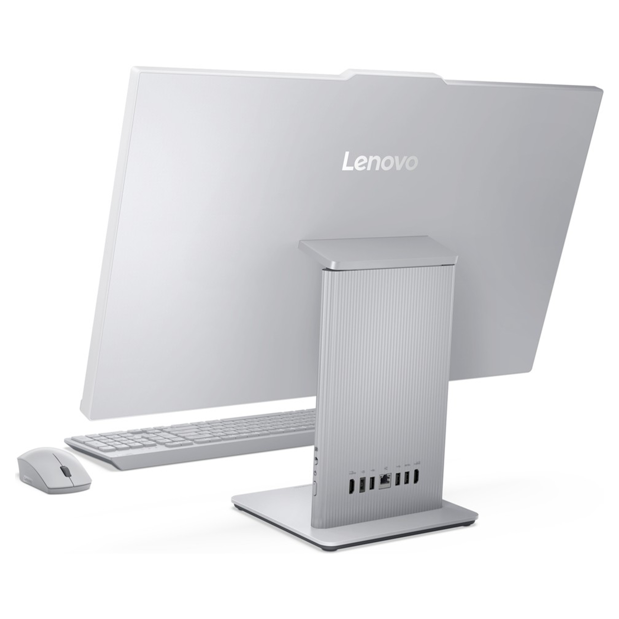 Klavye ve fareli beyaz bir Lenovo hepsi bir arada bilgisayar.