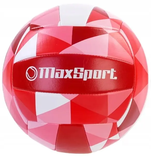 Piłka siatkowa z geometrycznymi wzorami w kolorach czerwonym, różowym i białym, logo MaxSport.