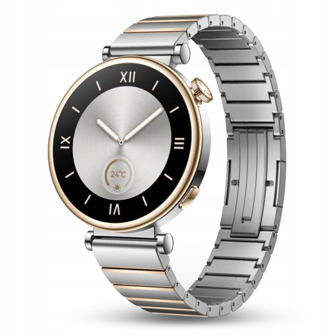 Srebrny i złoty smartwatch z srebrną tarczą i cyframi rzymskimi.