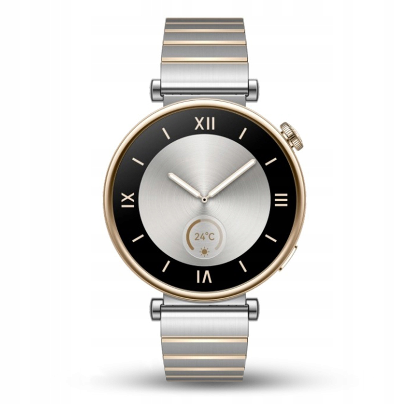 Srebrny i złoty smartwatch z rzymskimi cyframi i wyświetlaczem 24°C.
