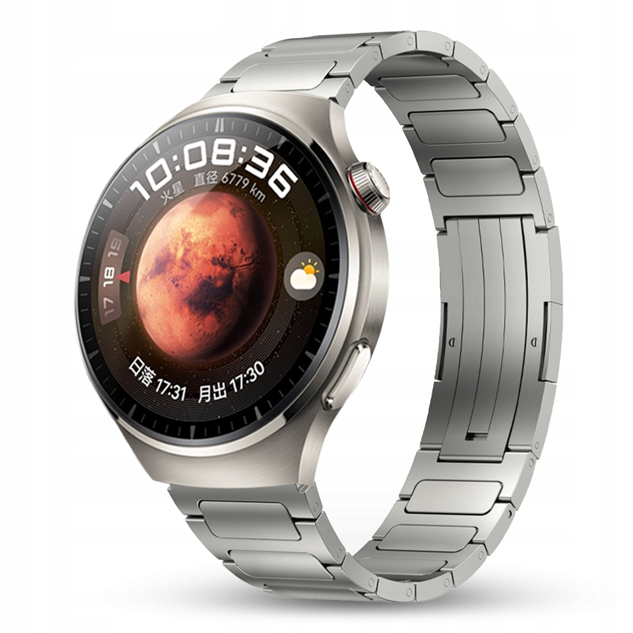 Srebrny smartwatch z tarczą Marsa, godz. 10:08, odległość 6779 km.