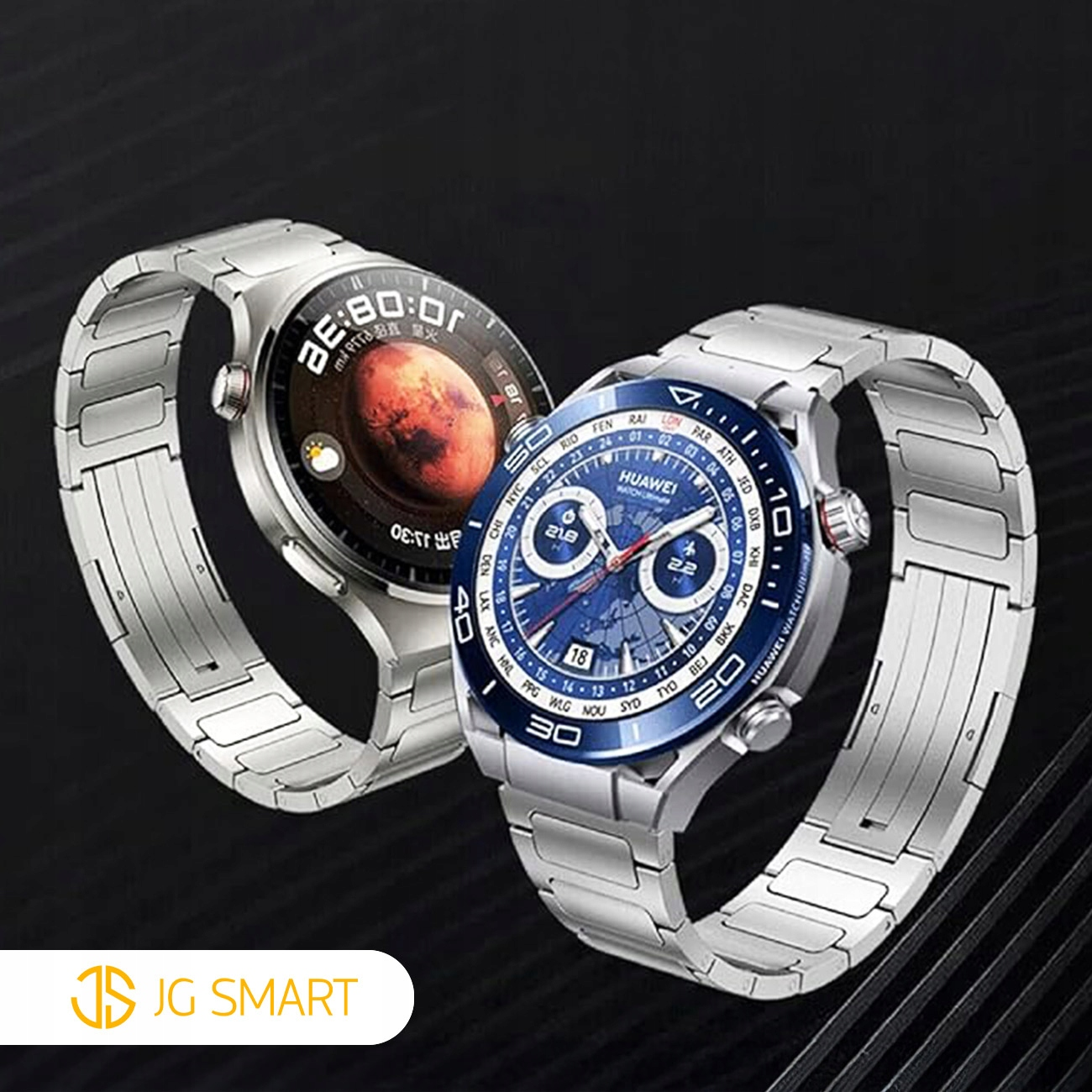 Dwa srebrne smartwatch z metalowymi paskami na ciemnym tle.