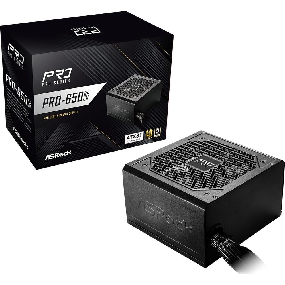 Czarny zasilacz ASRock PRO-650G obok pudełka.