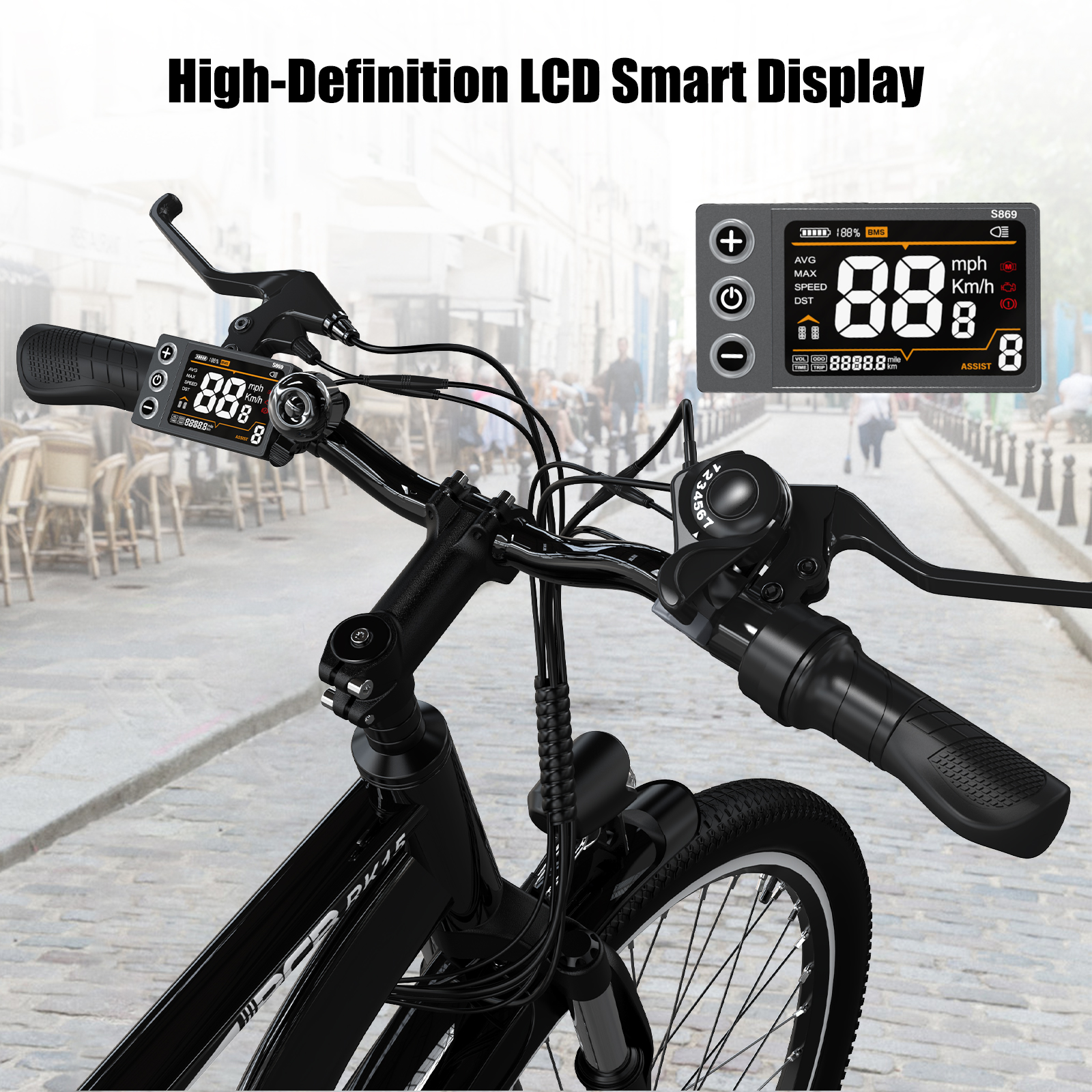 Zbliżenie kierownicy roweru z cyfrowym wyświetlaczem LCD pokazującym prędkość.