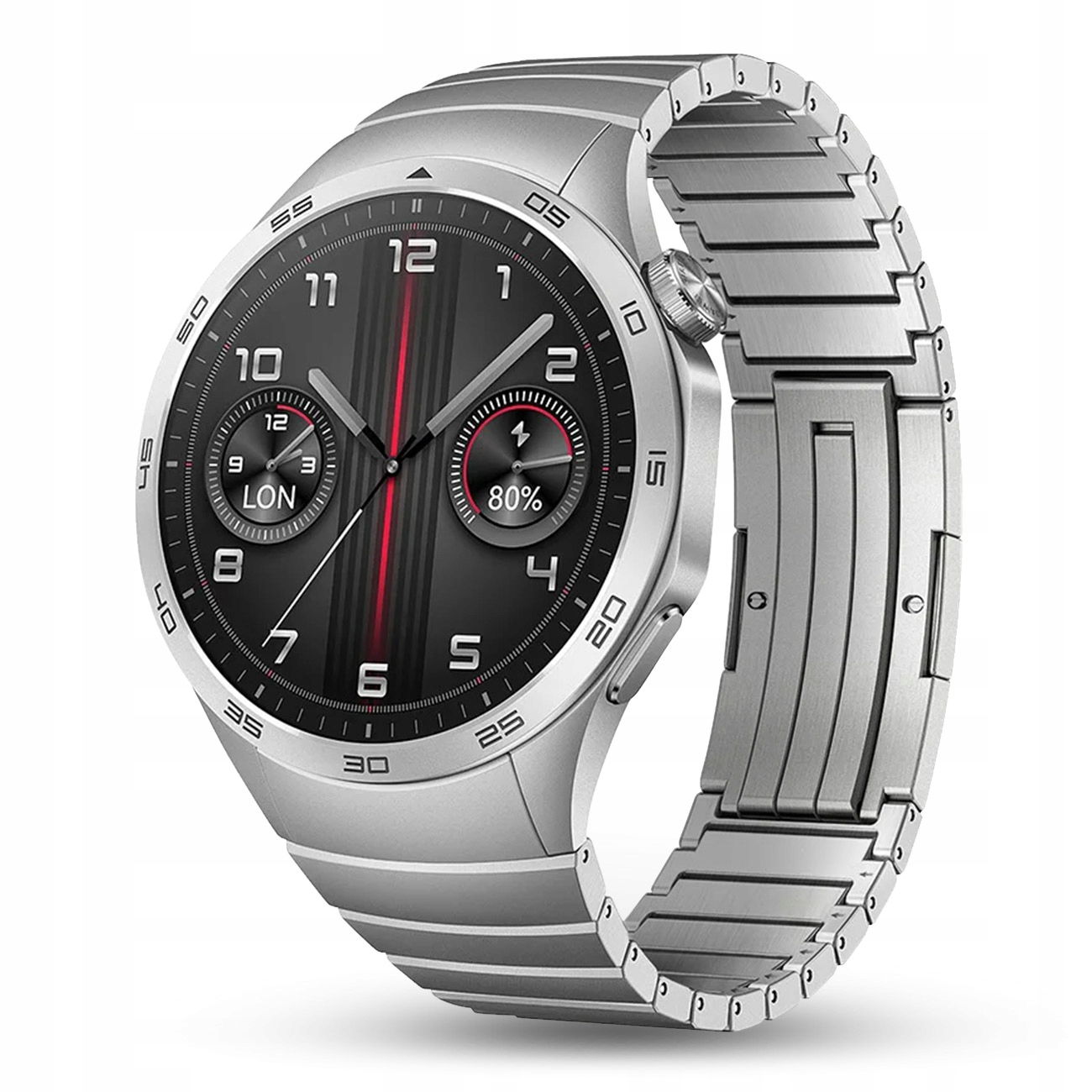 Srebrny smartwatch z metalową bransoletą i czarnym wyświetlaczem.