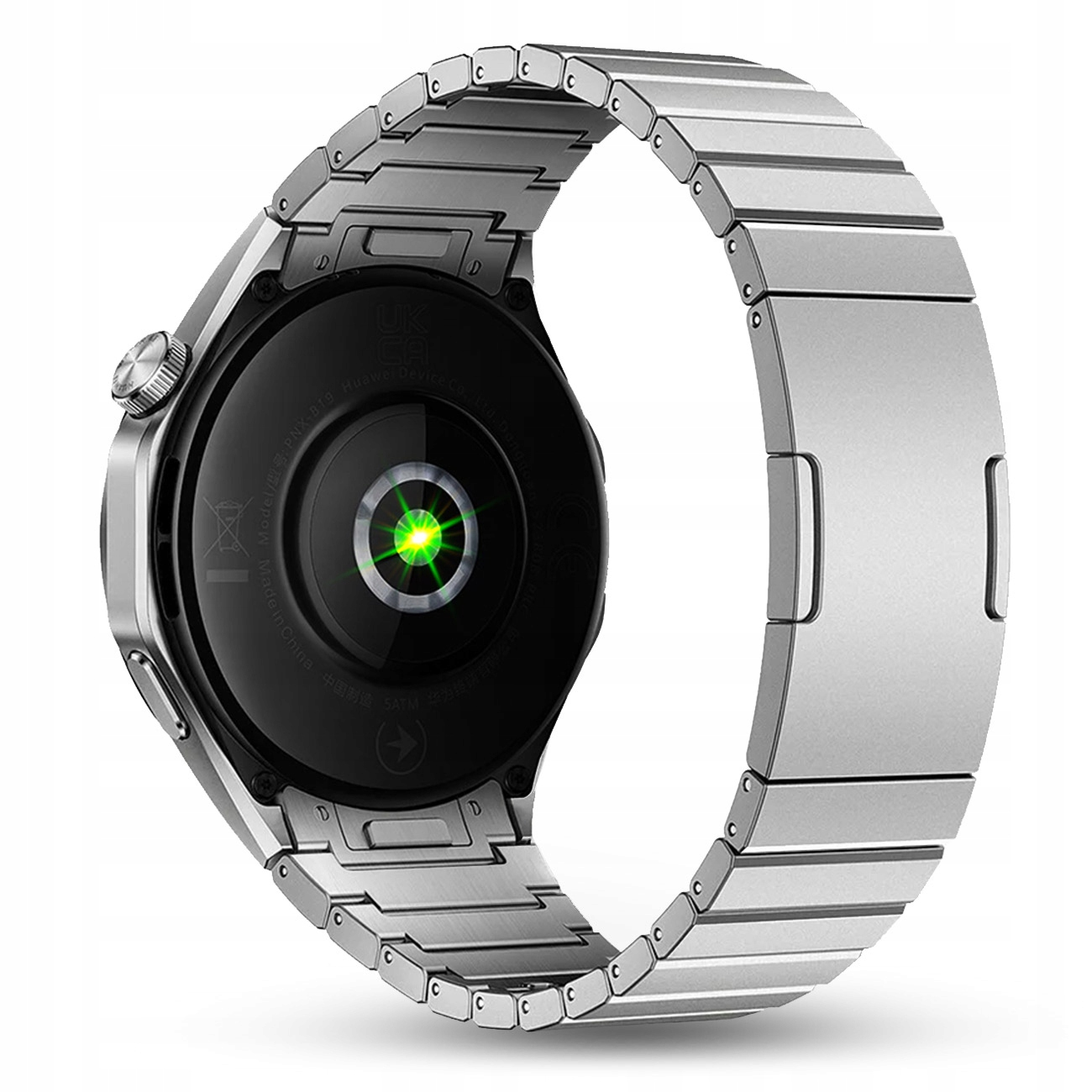Tył smartwatcha z srebrną metalową bransoletą i zielonym świecącym czujnikiem.