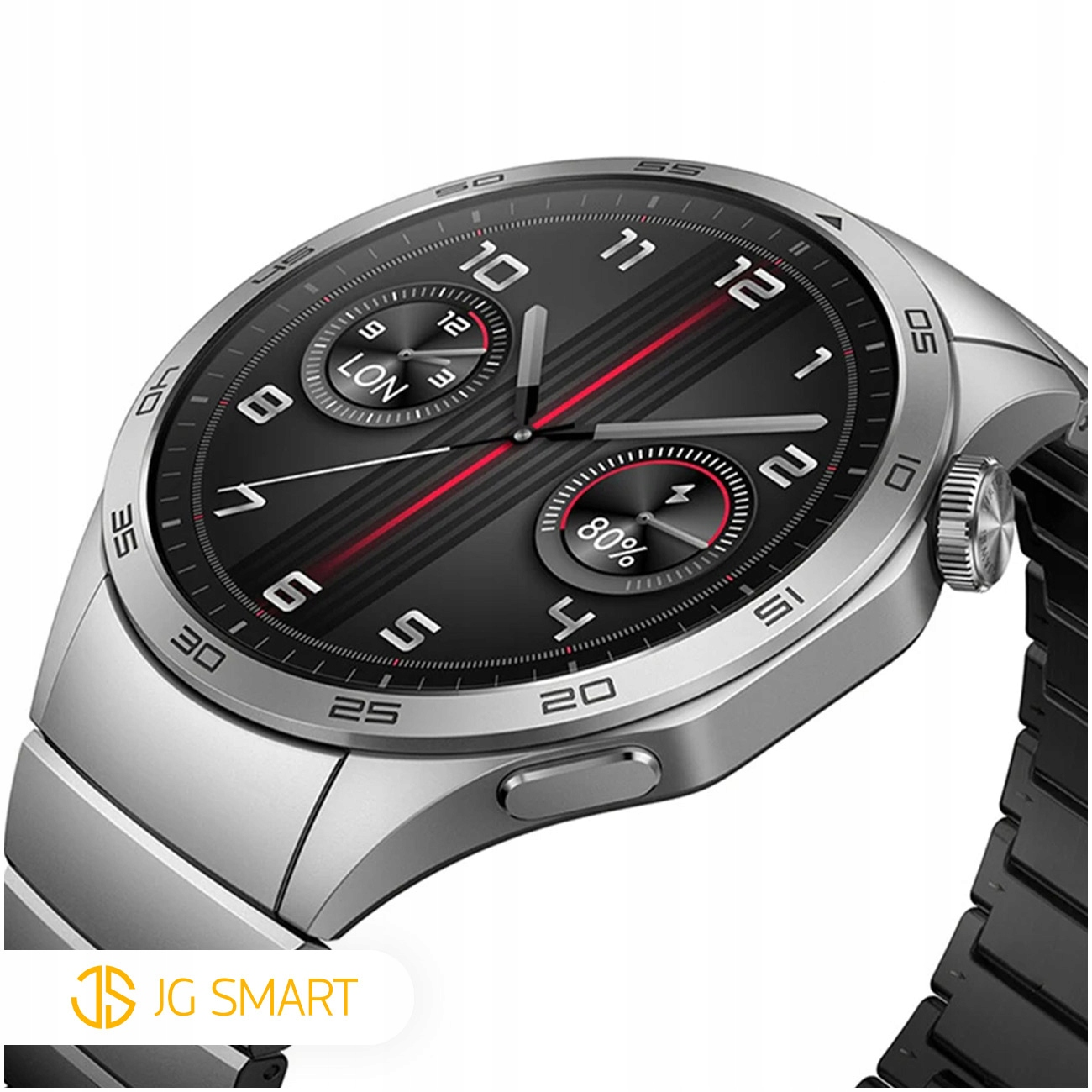 Srebrny smartwatch z czarną tarczą i czerwonymi akcentami.