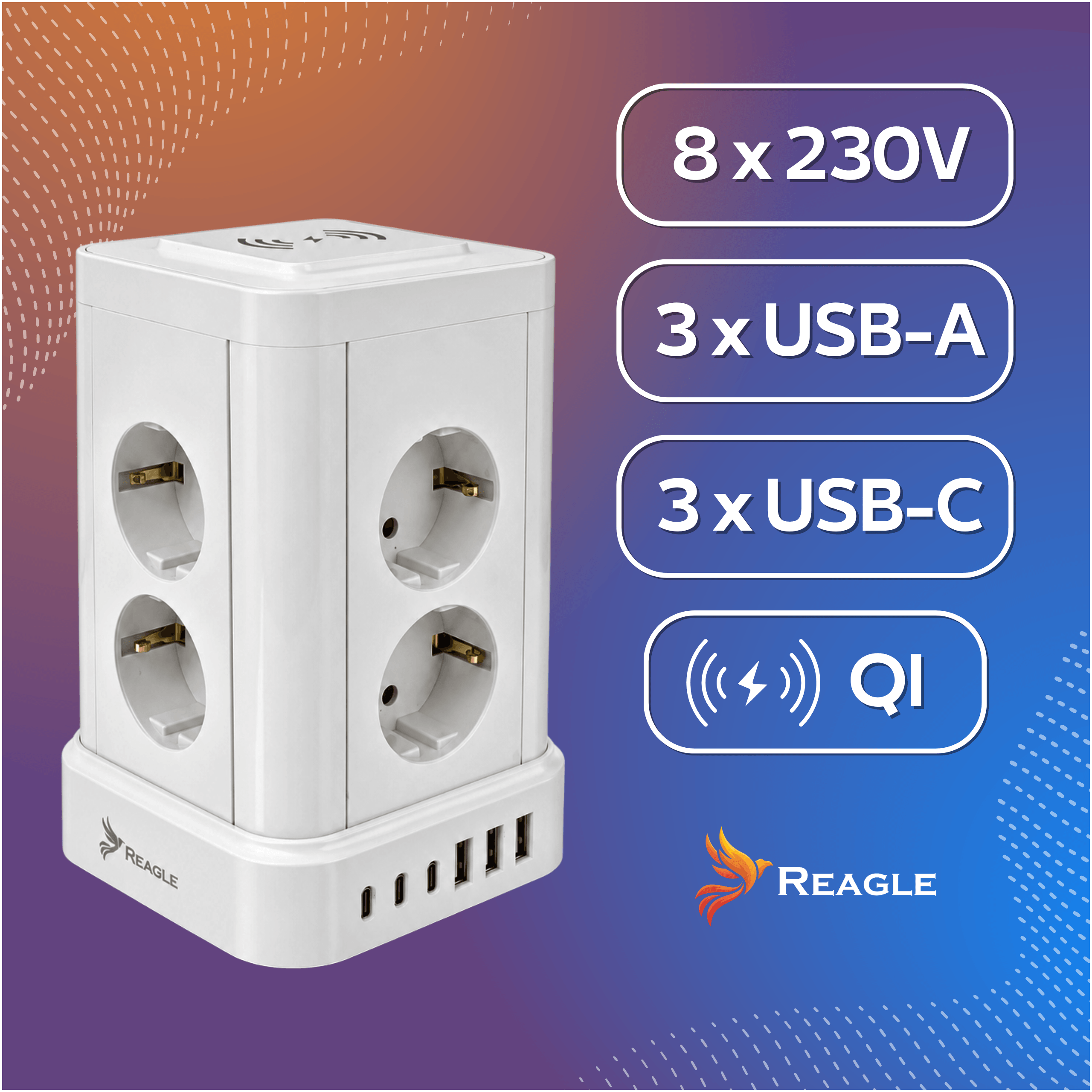 Regleta blanca con 8x 230V, 3x USB-A, 3x USB-C y carga QI.