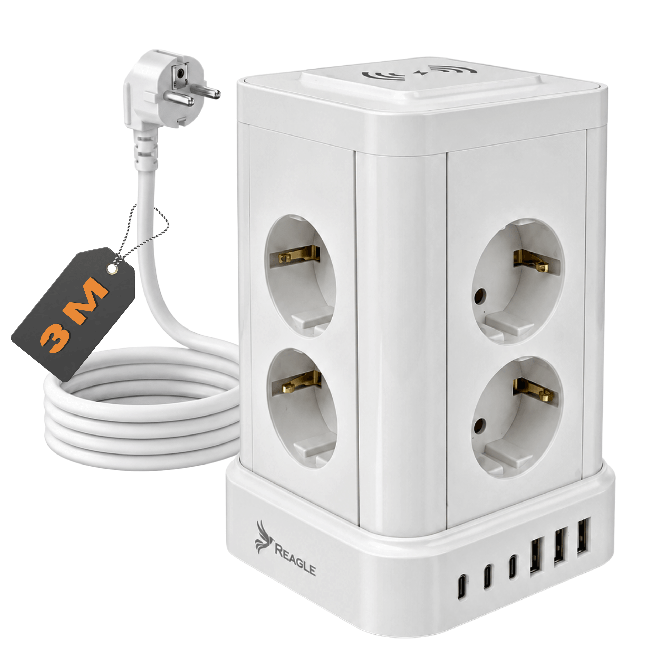 Una regleta blanca en torre con puertos USB y un enchufe europeo.