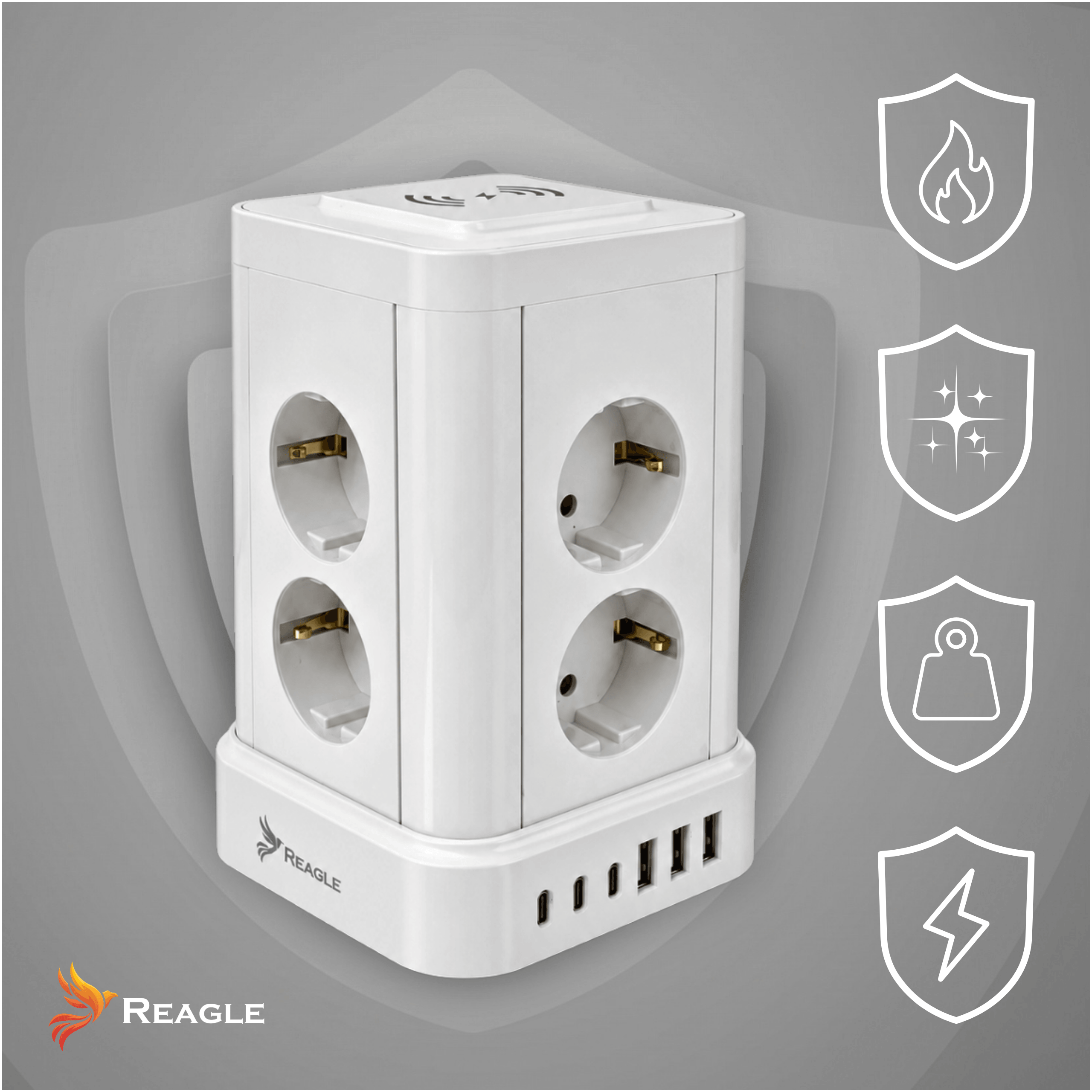 Una torre de regleta blanca con múltiples enchufes y puertos USB.
