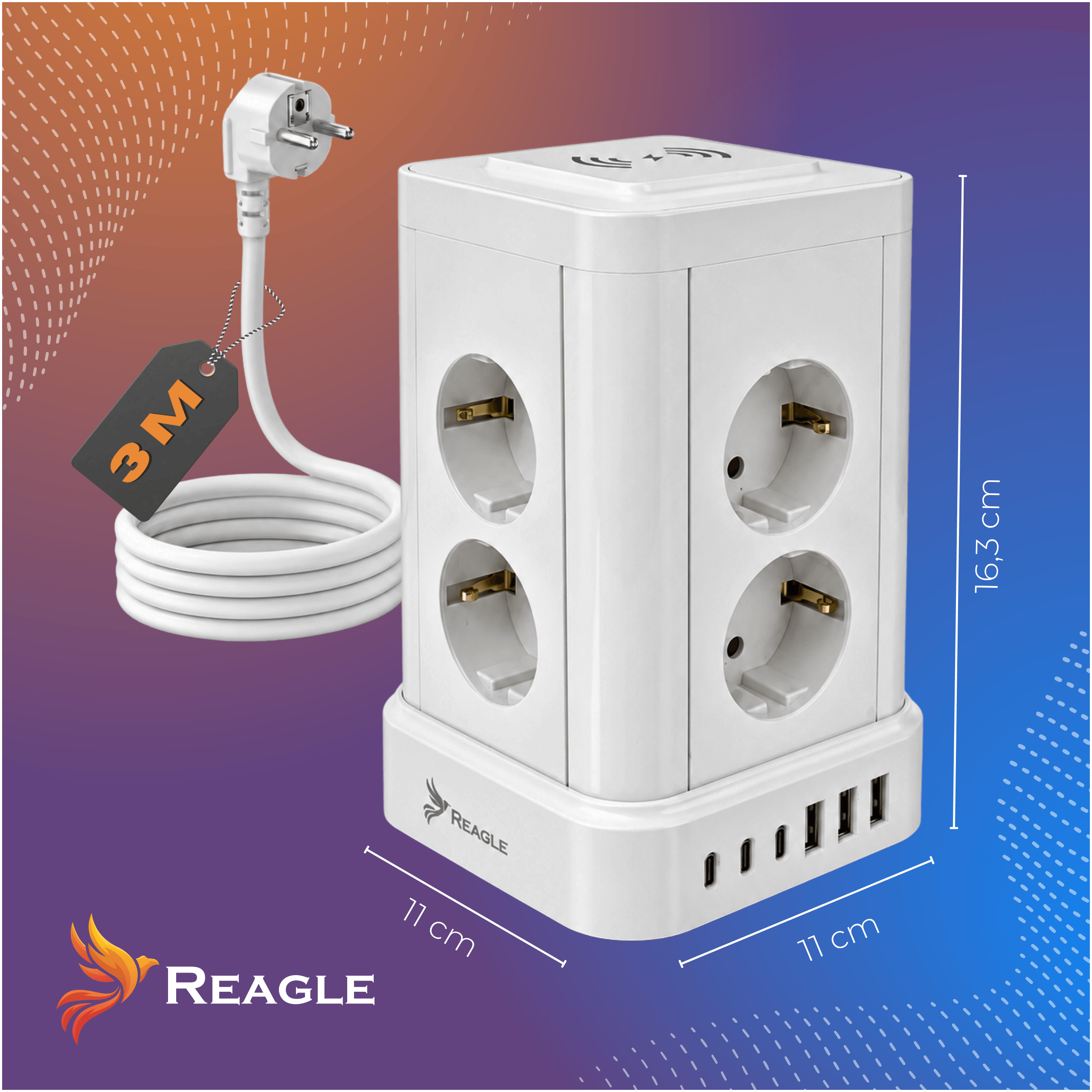Regleta blanca con puertos USB y enchufe, 16,3 cm de altura.