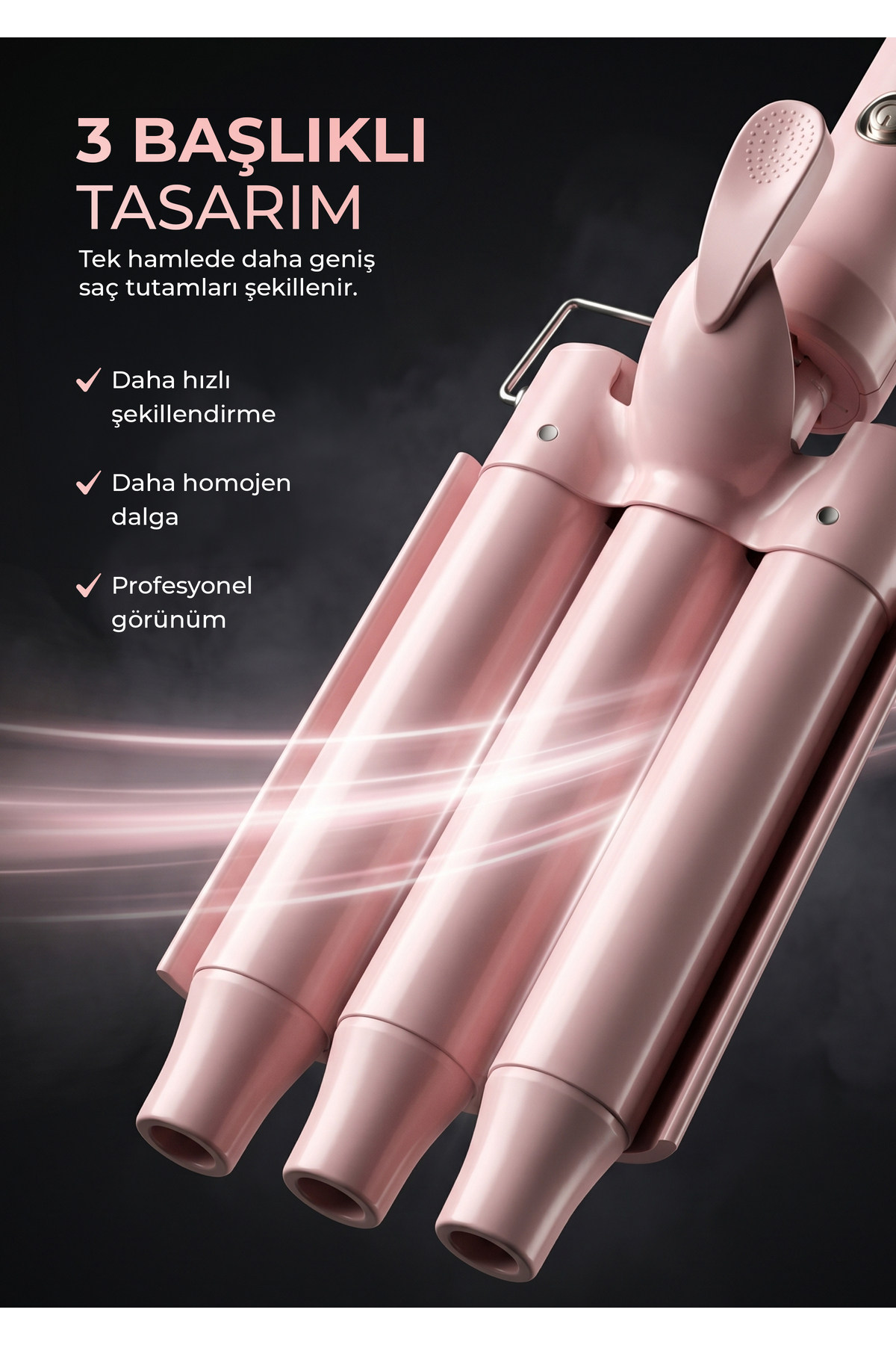 Pembe, üçlü saç maşası, üzerinde Türkçe yazı, koyu arka plan.