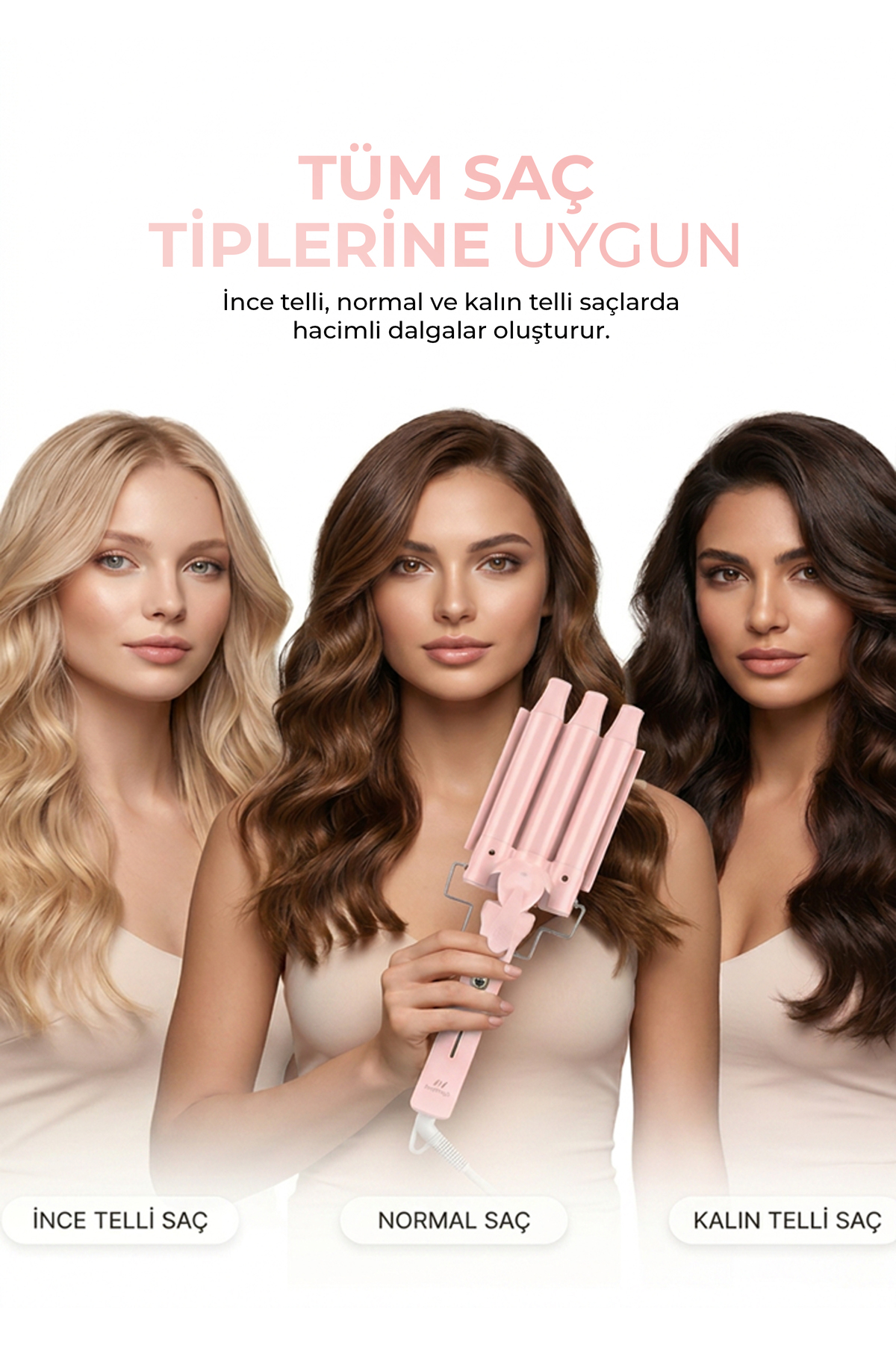 Farklı saç renklerine sahip üç kadın, her saç tipi için dalga maşası tutuyor.