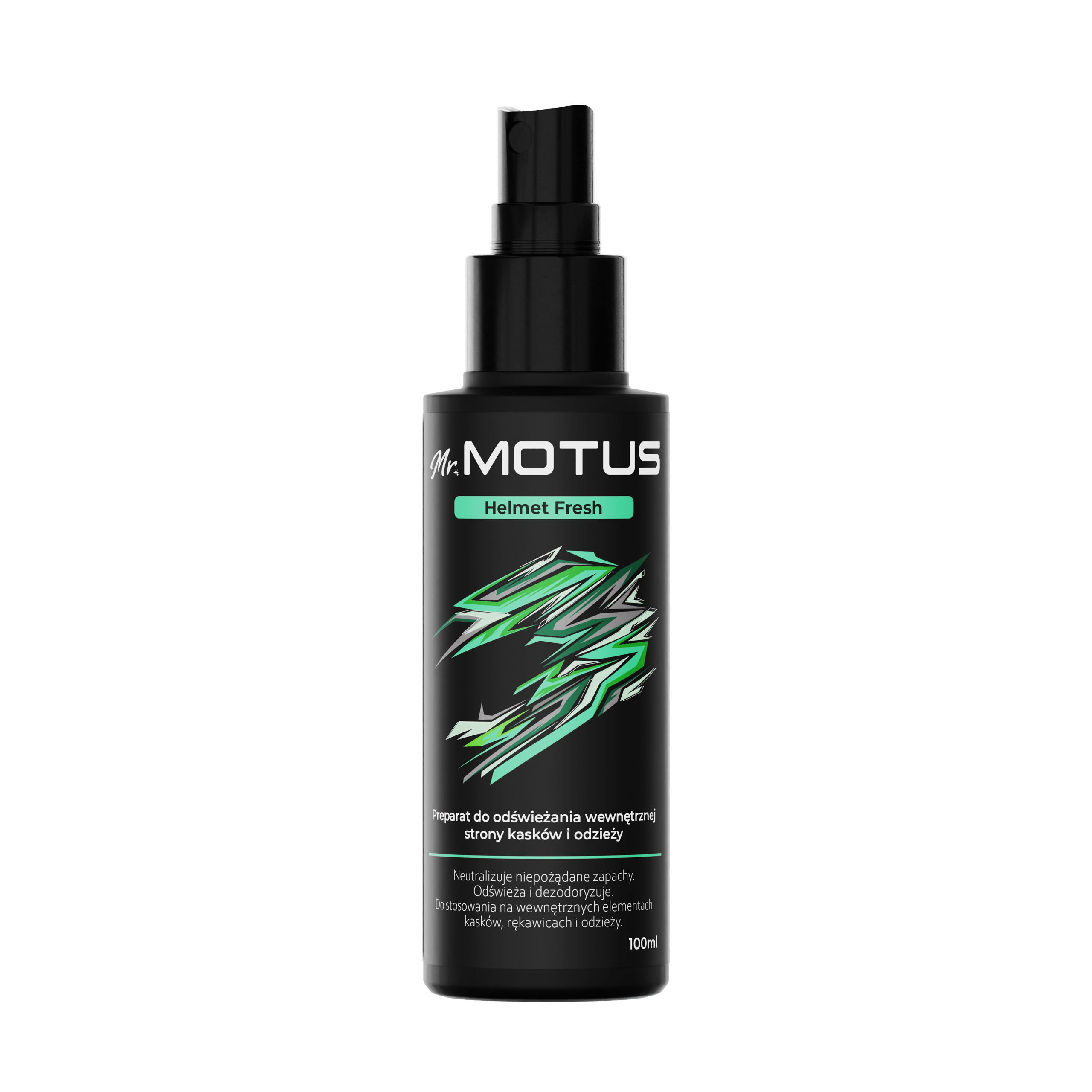 Botella de spray negra con "Mr.MOTUS Helmet Fresh" y diseño verde.