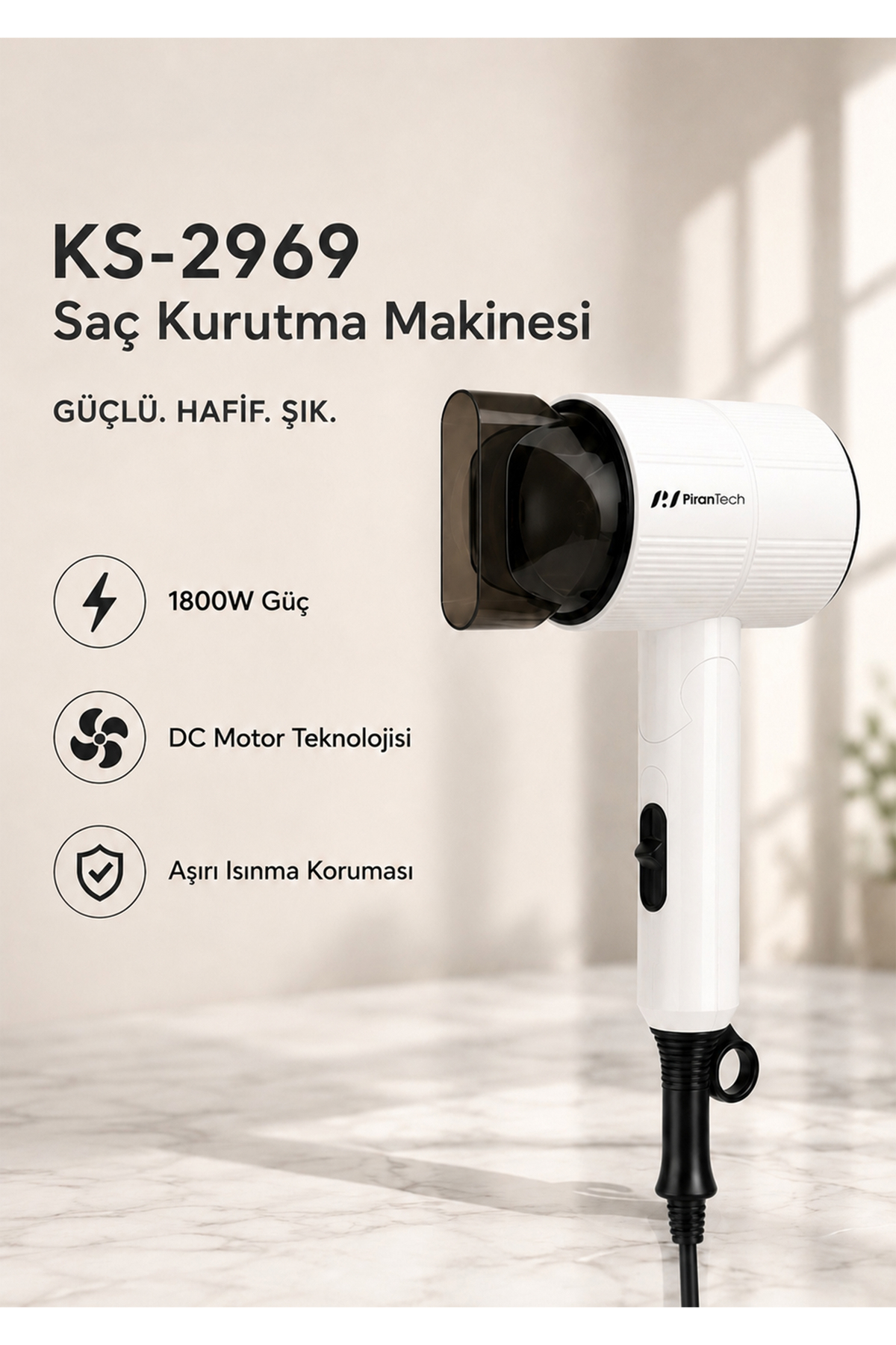 Siyah başlık ve sapa sahip beyaz KS-2969 saç kurutma makinesi, 1800W.