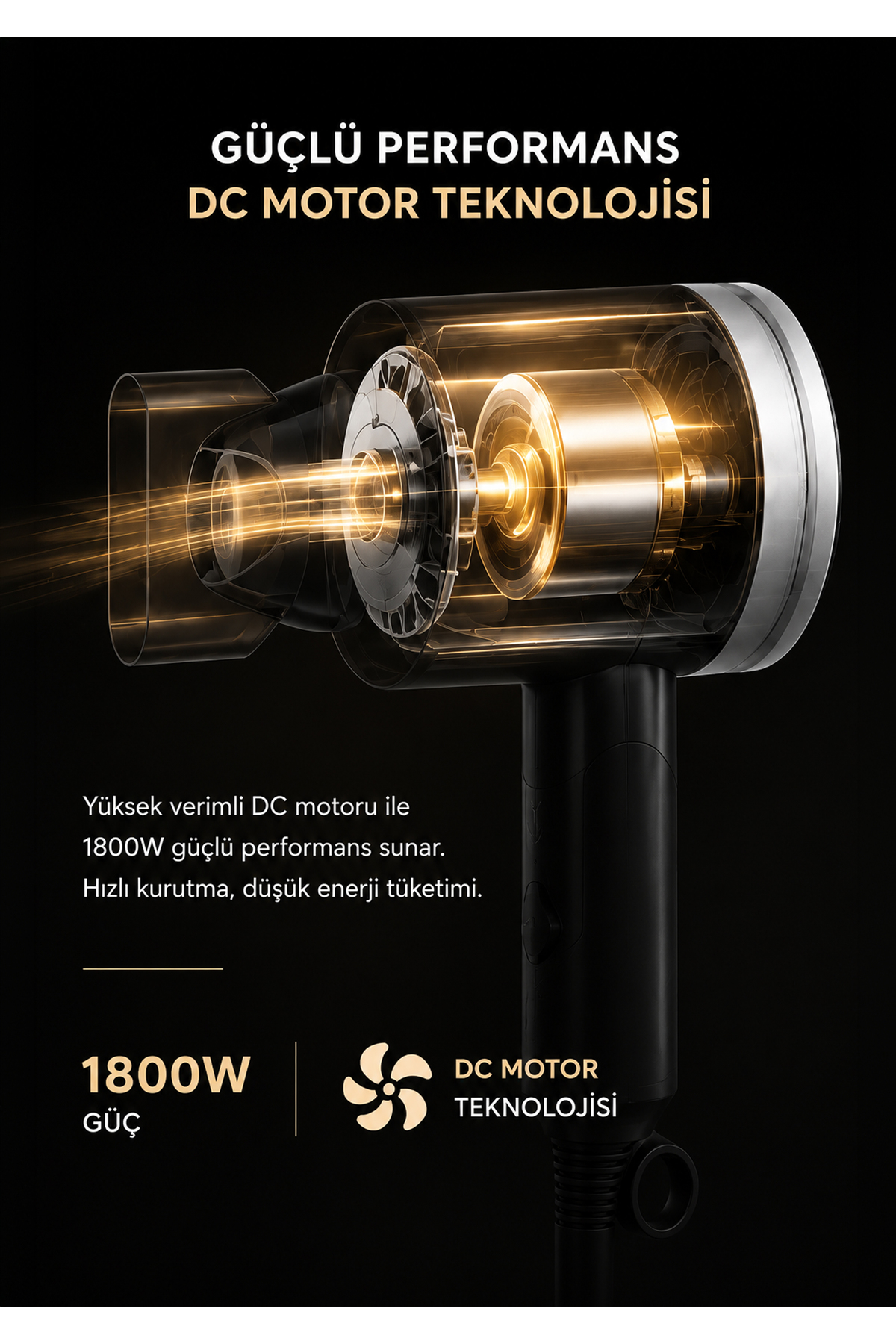 Işıklı DC motorlu, 1800W güçlü saç kurutma makinesi, DC motor teknolojisi.