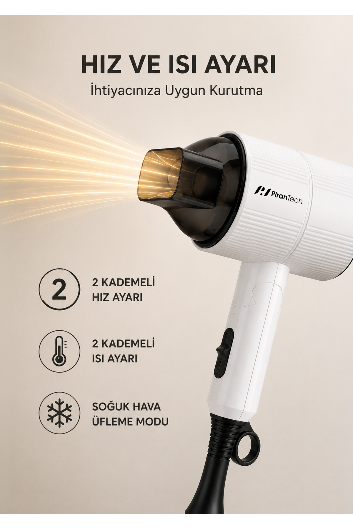 PiranTech logolu beyaz saç kurutma makinesi; hız, ısı ve soğuk hava modları simgeleri.
