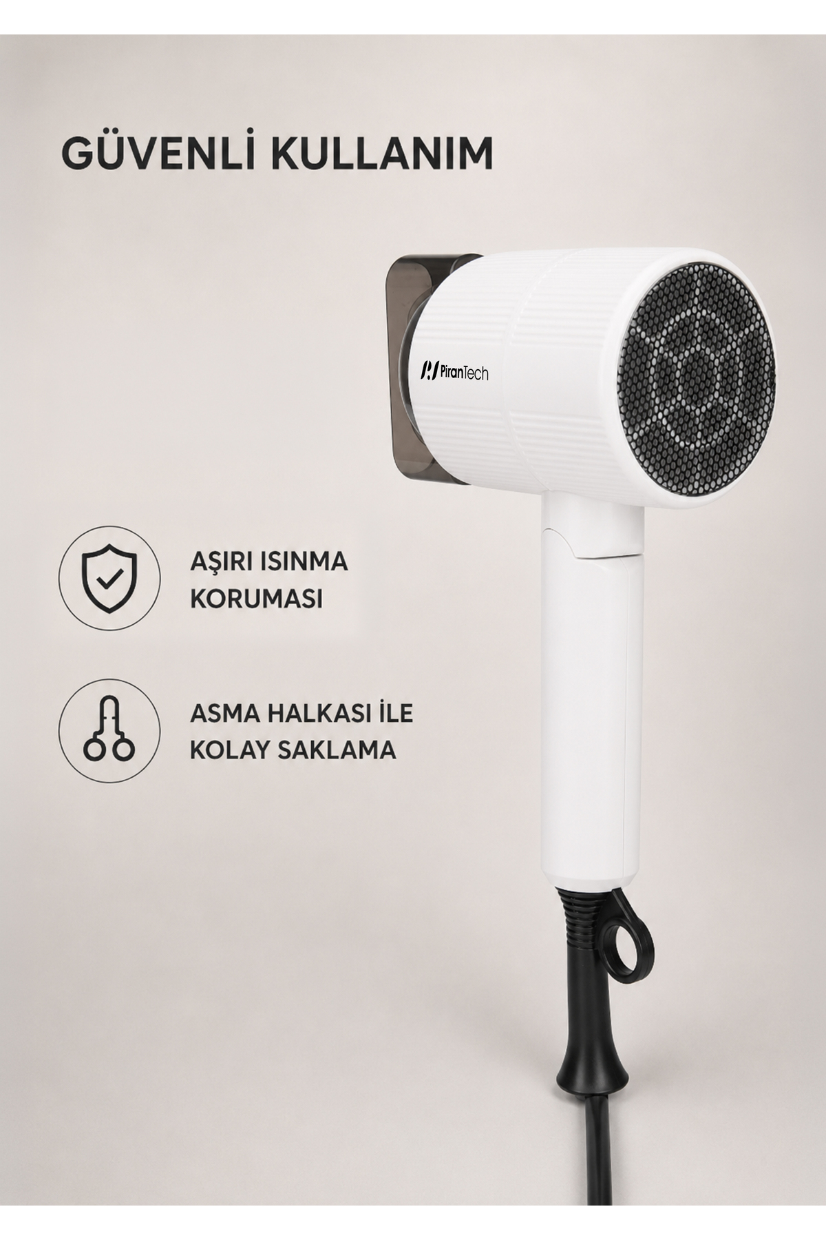 Siyah ızgaralı ve logolu beyaz saç kurutma makinesi. Aşırı ısınma koruması ve askı halkası.