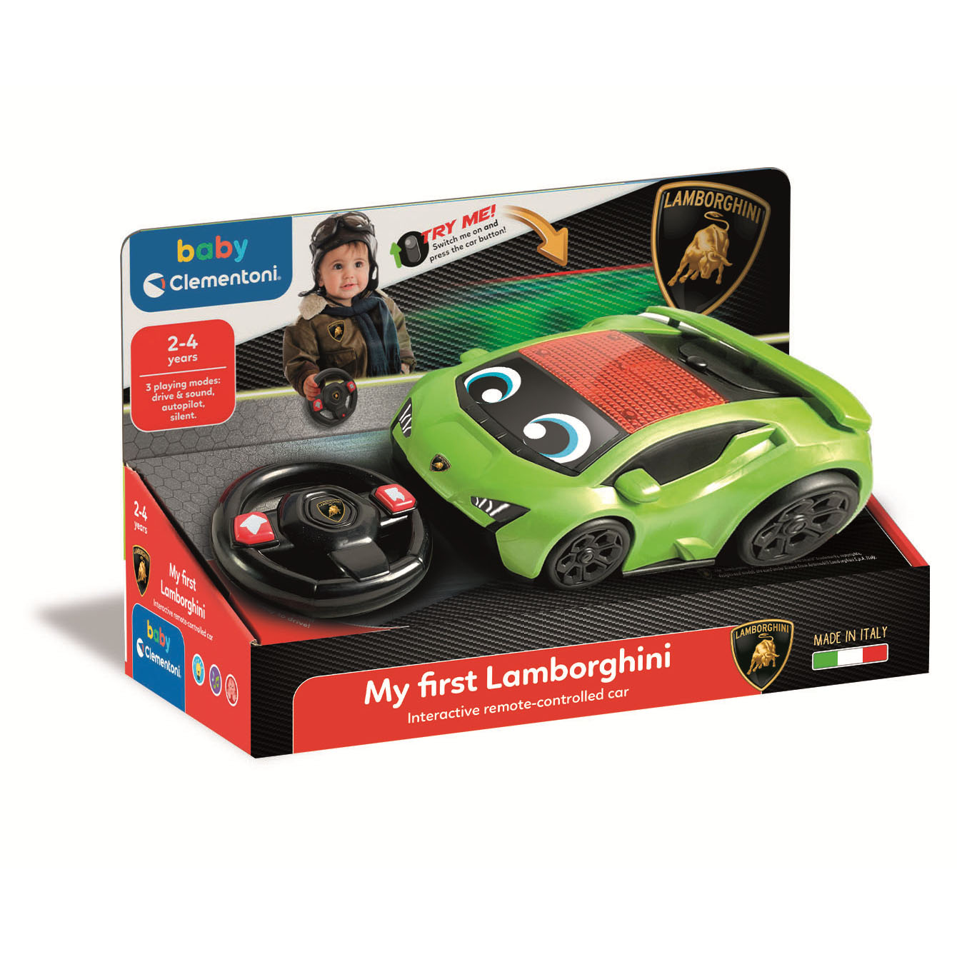 Zielony samochodzik Lamborghini z pilotem i dzieckiem.