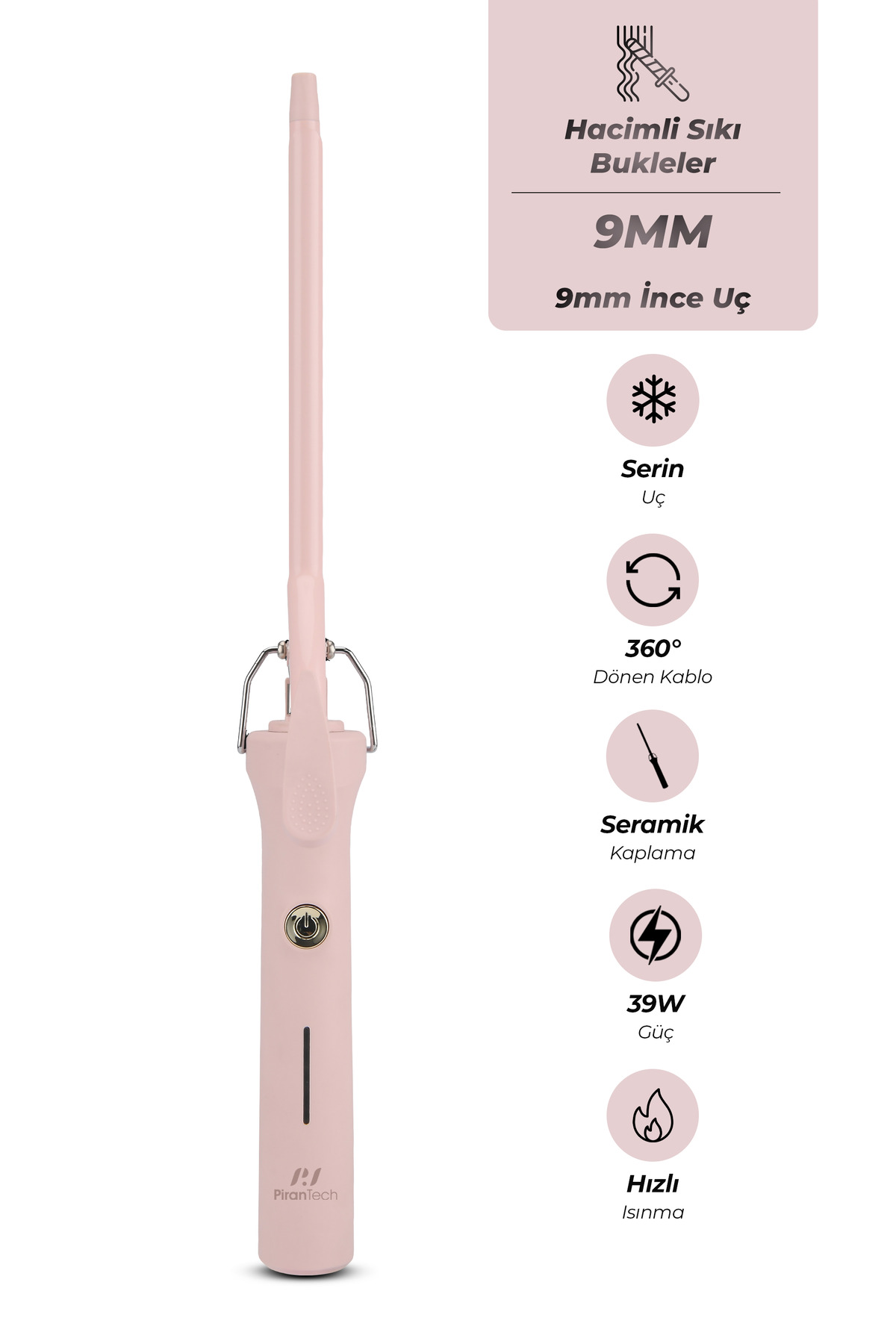 9mm, seramik kaplamalı, 39W güçlü pembe saç maşası.