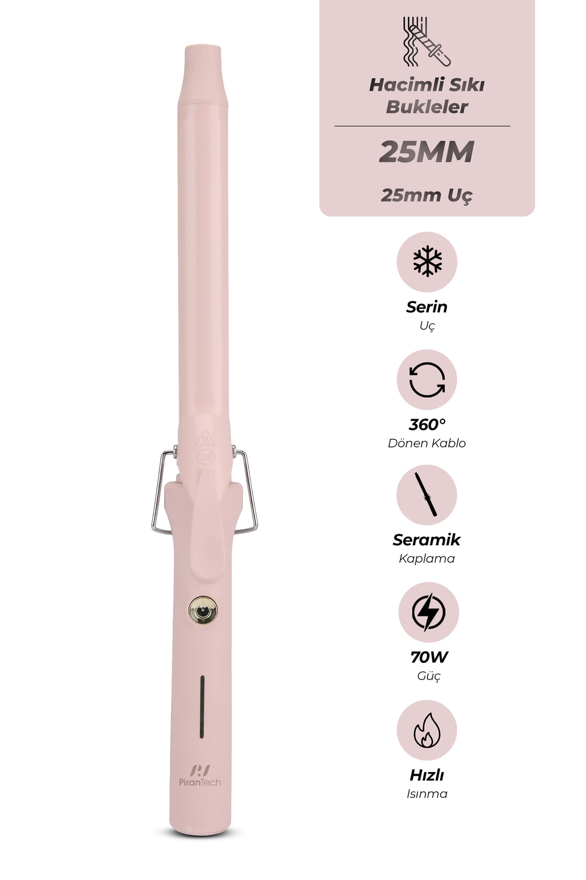 25mm seramik kaplamalı, 70W güçlü pembe saç maşası.