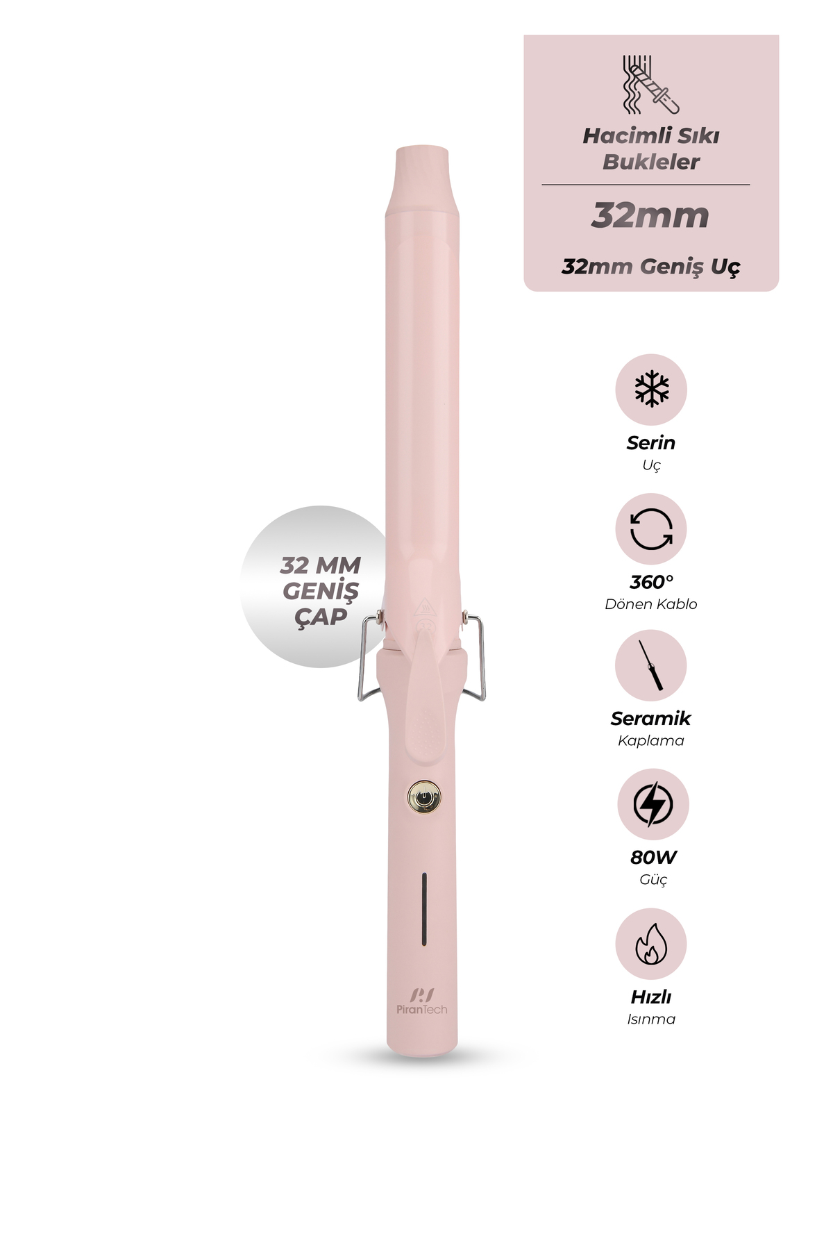 32mm seramik kaplamalı, 80W güçlü pembe saç maşası.
