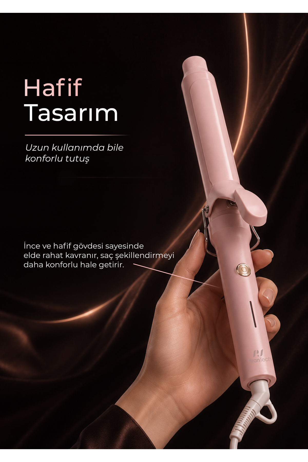 Bir el, 'ranTech' markalı pembe bir saç maşası tutuyor.