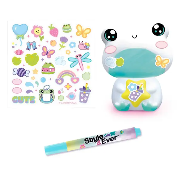 Zabawka żaba w stylu kawaii z naklejkami i długopisem.