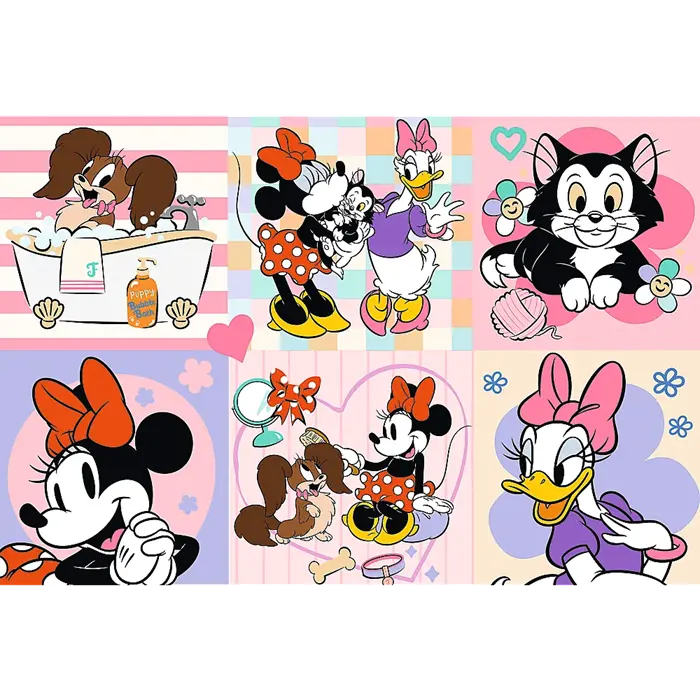 Sześć scenek z postaciami Disneya: pies w wannie, Minnie i Daisy z kotem, bawiący się kot, Minnie, Minnie czesze psa, Daisy.