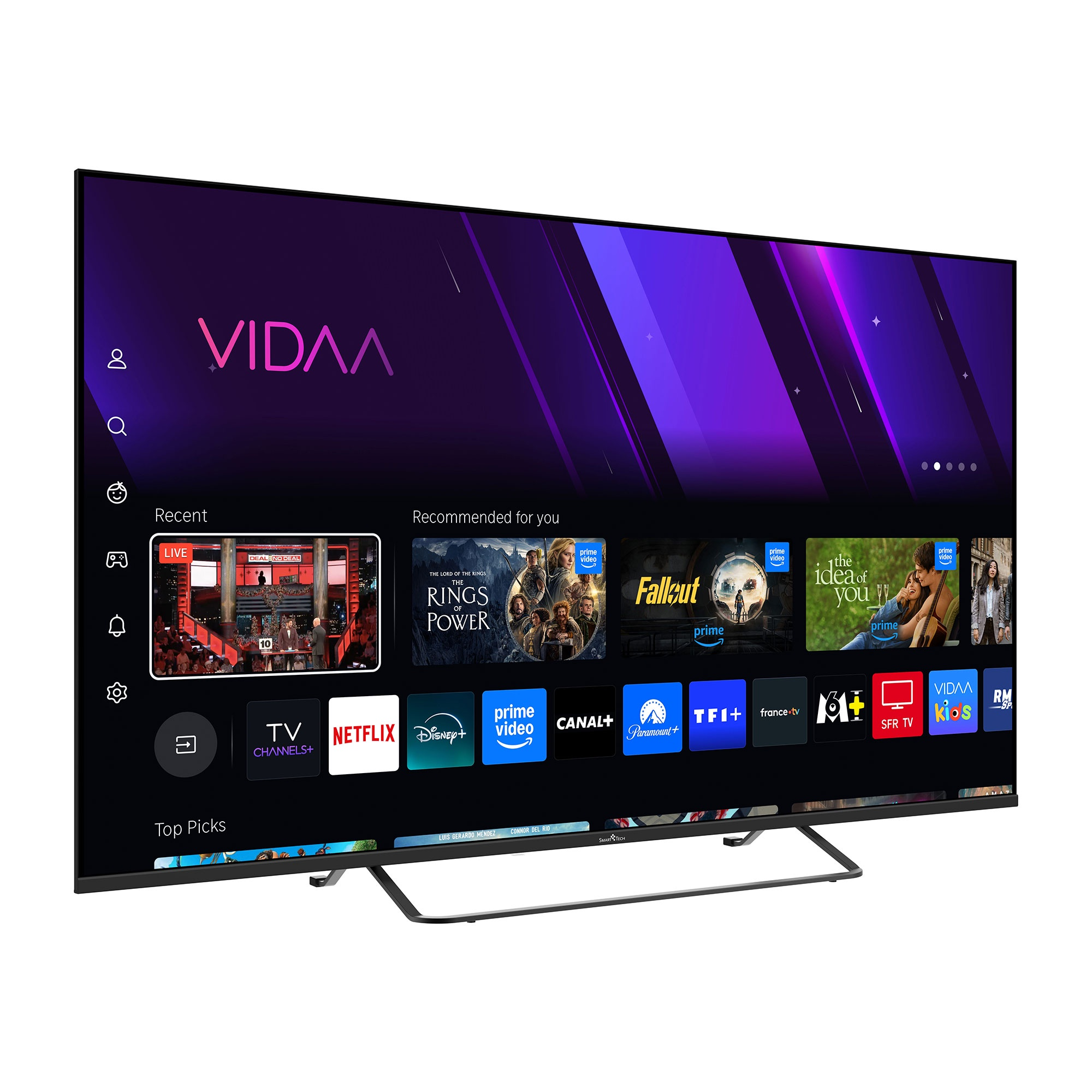 Un televisor moderno con el sistema operativo VIDAA, mostrando apps como Netflix y Prime Video.