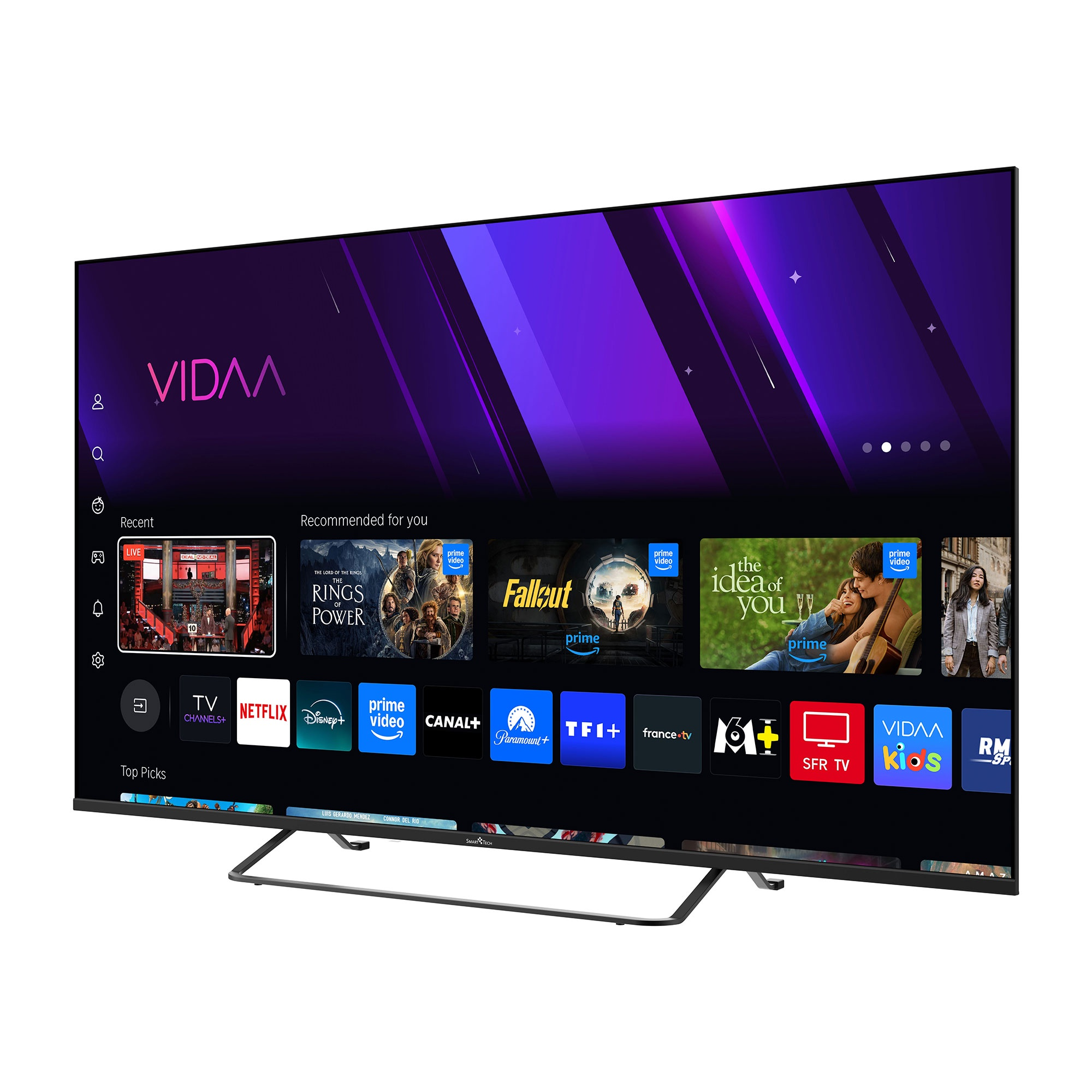 Un televisor moderno muestra una interfaz de Smart TV con iconos de aplicaciones y pósters.