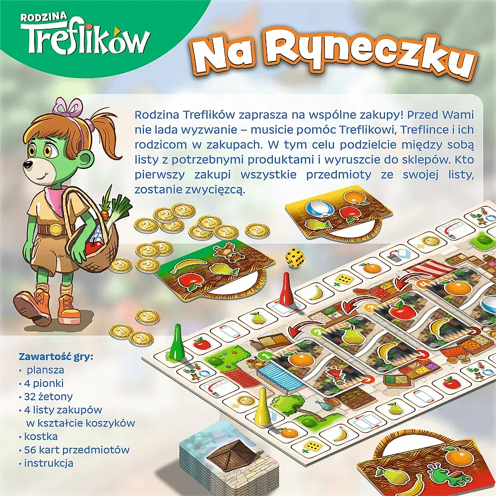 Gra planszowa "Rodzina Treflików Na Ryneczku" z pionkami, monetami i kartami.