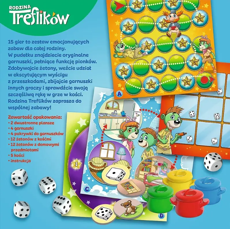 Gra planszowa z zielonymi i niebieskimi pionkami, kostkami i kolorowymi garnkami.