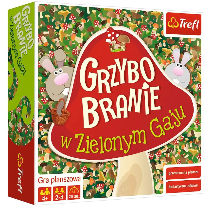 Pudełko gry planszowej z królikami i grzybami w lesie. Tytuł: Grzybo Branie w Zielonym Gaju.