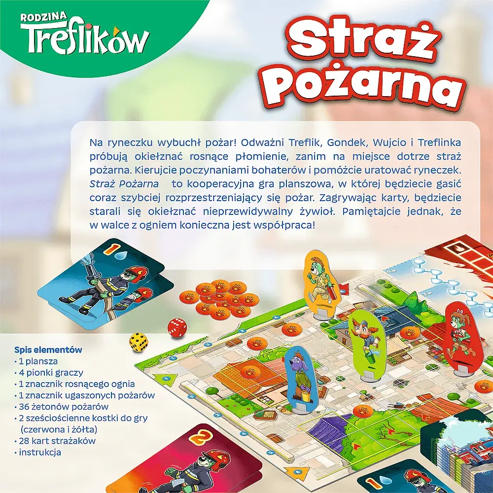 Gra planszowa "Straż Pożarna" z pionkami i kartami na mapie miasta.
