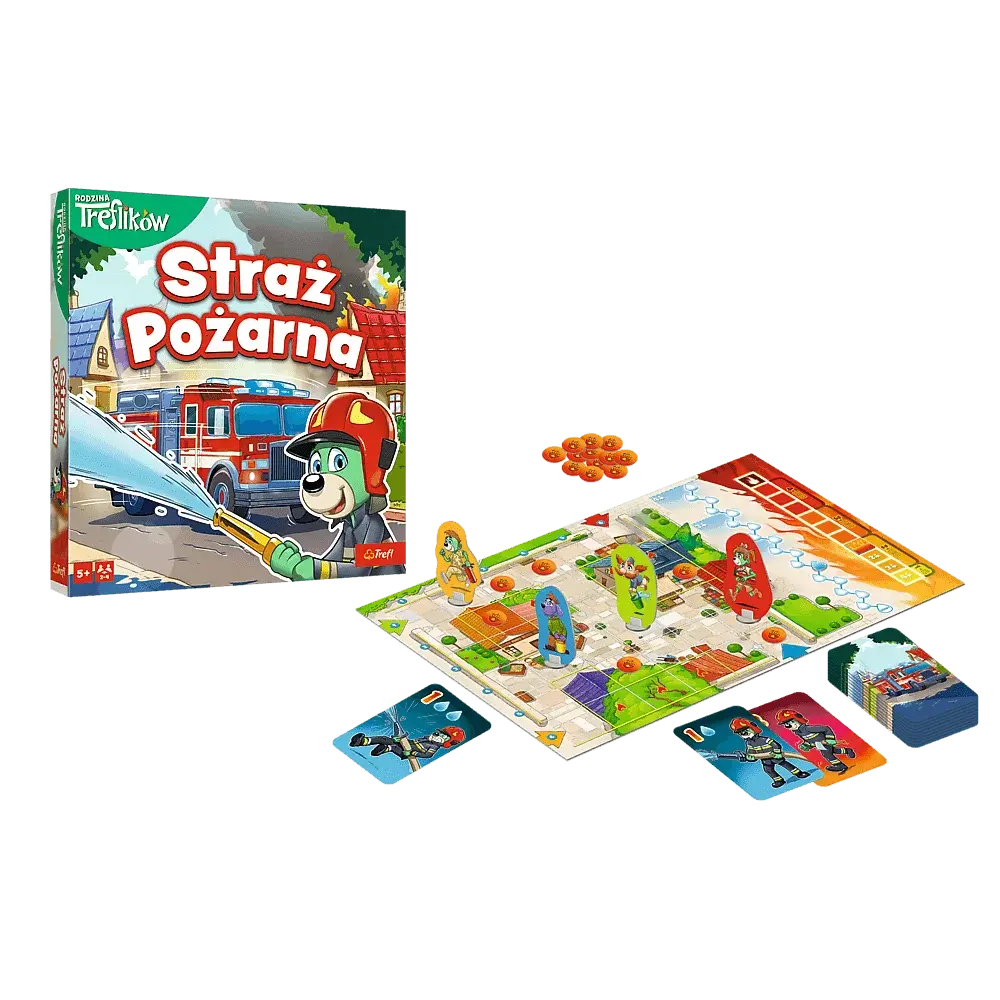 Gra planszowa o tematyce strażackiej, z pudełkiem, planszą, kartami i pionkami.