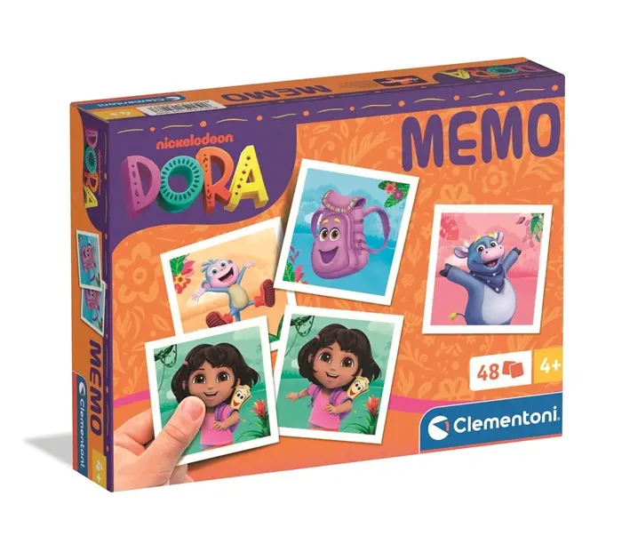 Pudełko gry Memo Dora z obrazkami Dory, Plecaka, Butów i niebieskiego byka.